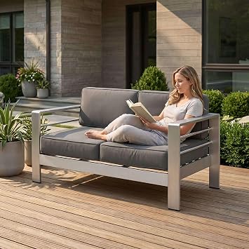 Litex Outdoor Patio Loveseat, 2-Seat Aluminum Outdoor Sofa with 6" Thick Water-Resistant Cushions, Modern Metal Frame, 600 lbs Capacity, Compact Couch for Balcony, Deck, Backyard & Garden Khaki