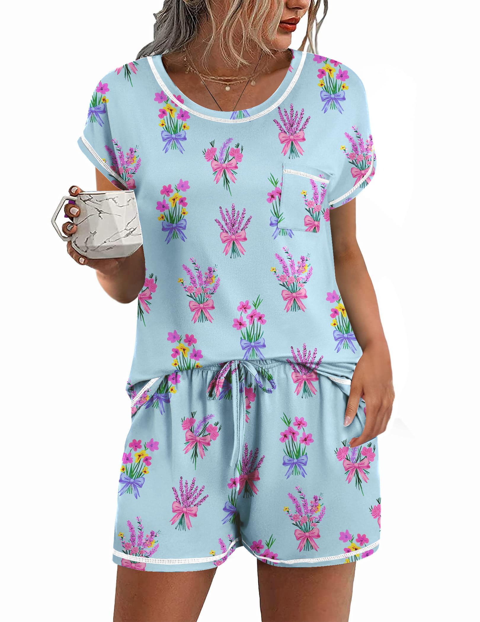 Ekouaer Womens Pajama Sets 2 Piece Pjs Short Sleeve Top and Shorts | Soft Sleepwear Round Neck Lounge Set with Pockets for Sleeping, Daily Wear
