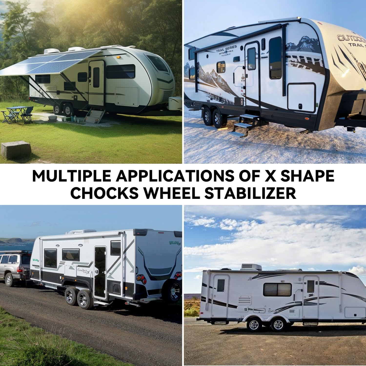 2PCS RV Camper Wheel Chock Stabilizer with Wrench, Heavy Duty Tire Locking Chocks Accessories X Shaped Wheel Chocks for Travel Trailers, Fits 3.5" to 12" Wheel Gaps