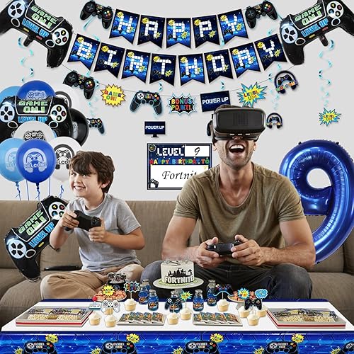 Miniatura 4 de Decoraciones de fiesta de videojuegos decoraciones de cumpleaños número 9 para niños, pancarta de feliz cumpleaños, globos de videojuegos, globos