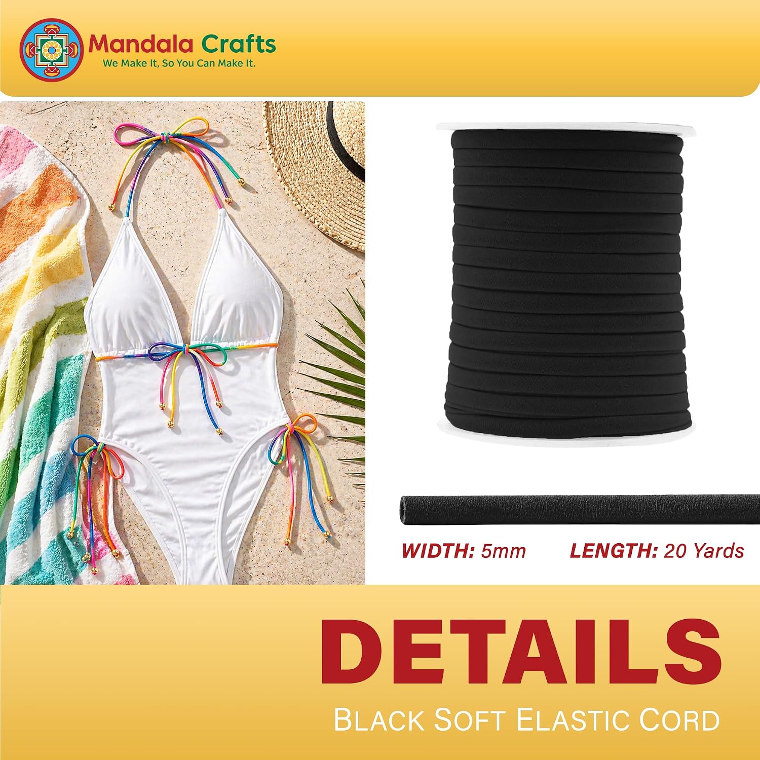 Mandala Crafts Black Soft Elastic Cord – 20 Yards 5mm Flat Nylon Fabric Spandex Stretchy String Cords for Bikini, Bathing Suit String, Hair Ties, and Drawstring Sewing