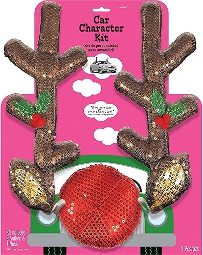 Glitzy Reindeer Car Kit (paquete de 3) – Llamativa decoración de vehículo de Navidad con cuernos de felpa y nariz, perfecto para celebraciones