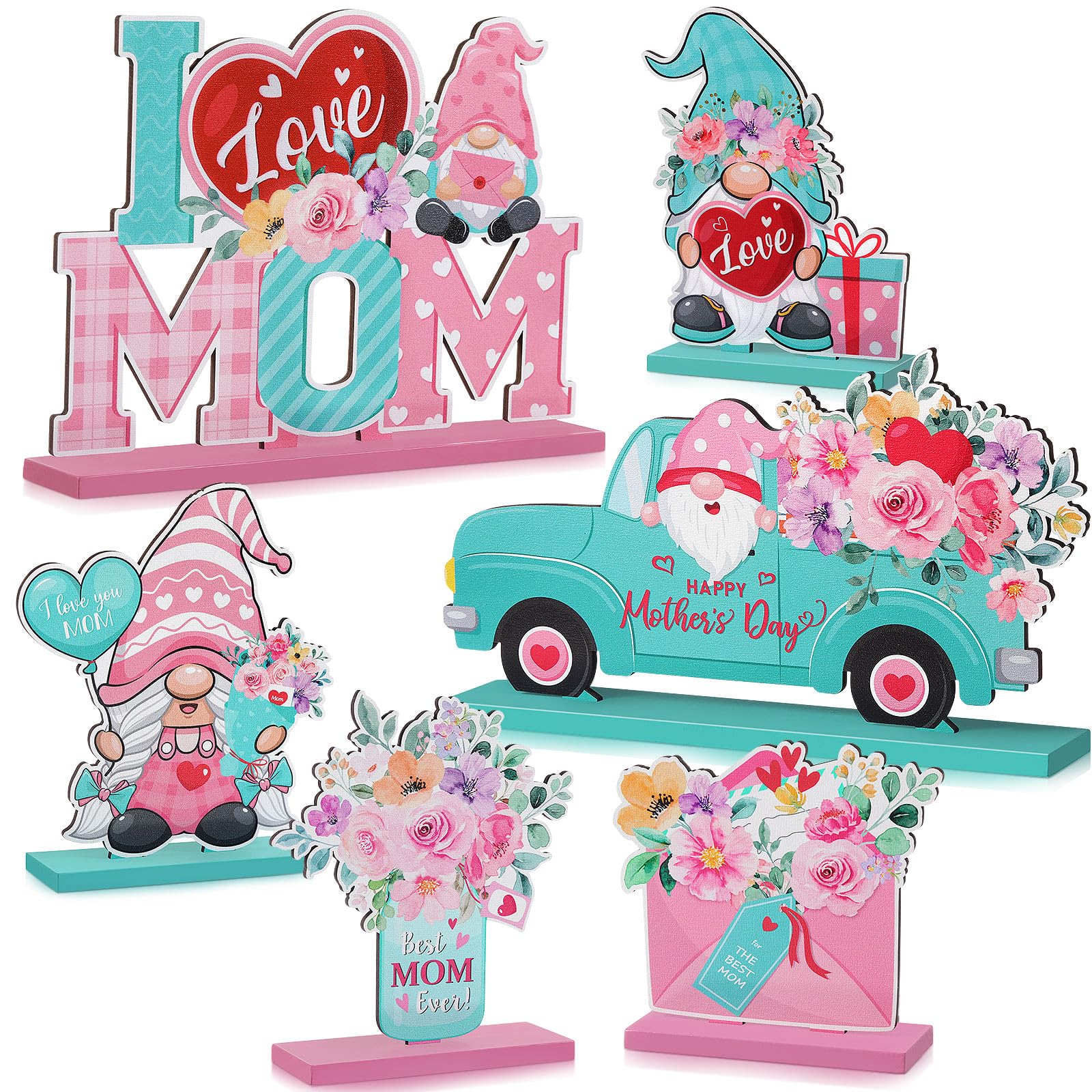 Blosssound 6 Pcs Mother's Day Wooden Centerpieces Table Decorations Happy Mother's Day Table Topper Signs Wood Mother's Day Table Centerpieces for Mother's Day Party Gift Dinner Table Home Decor