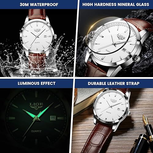 Miniatura 3 de LIGE Relojes para hombre impermeable analógico vestido vintage cronógrafo analógico casual cuero negro acero inoxidable único movimiento de cuarzo