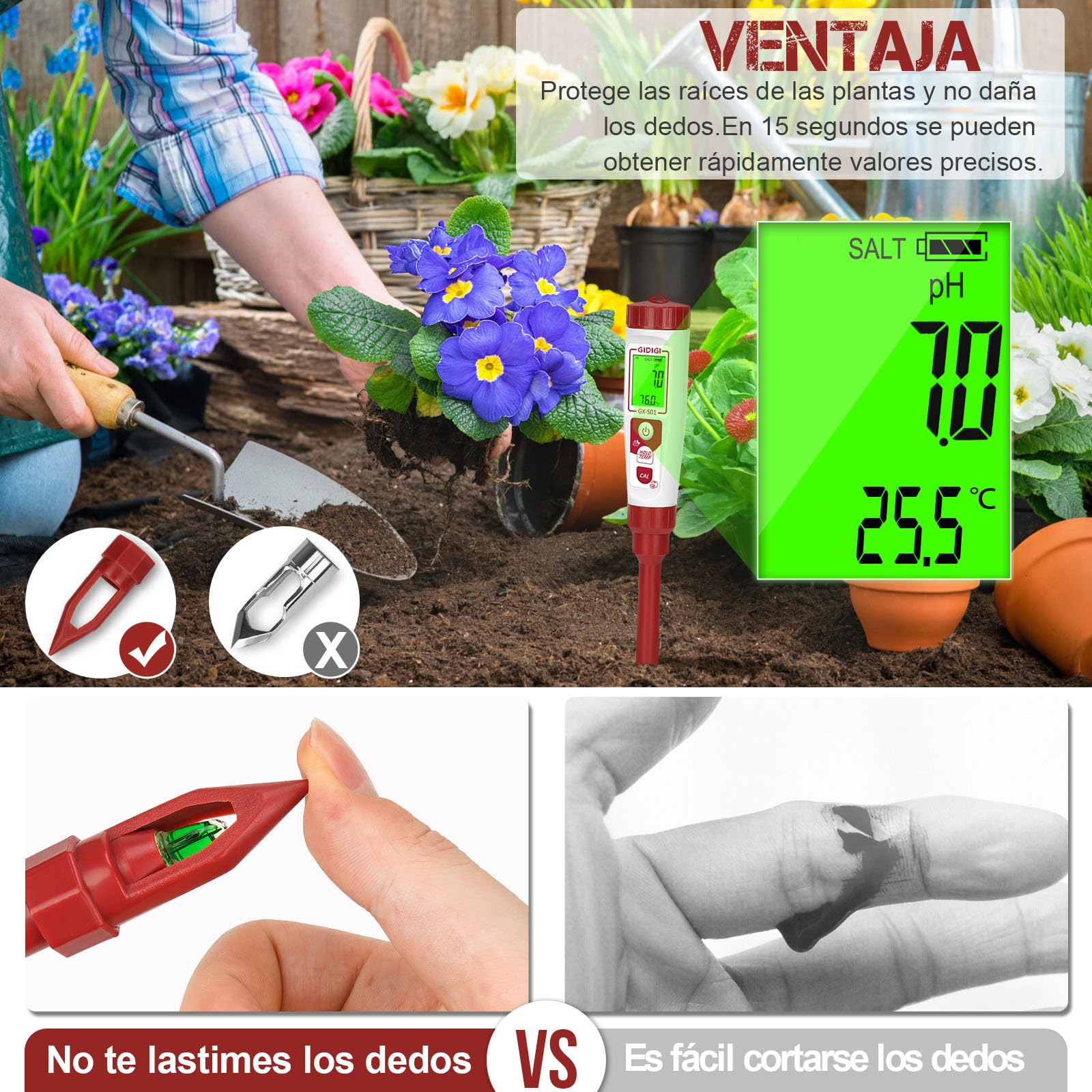 Medidor de pH y temp del suelo, pHímetro de suelo plantas en maceta