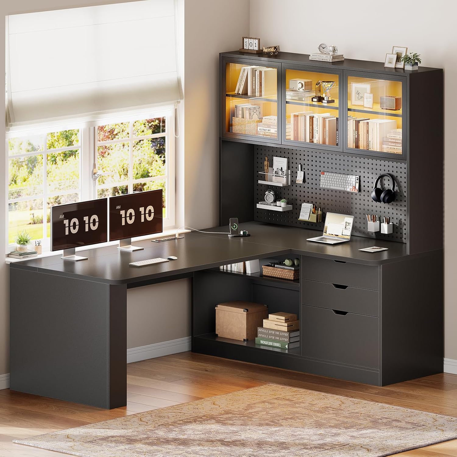 SEDETA L Shaped Computer Desk, L Shaped Corner Gaming Desk with 3 Wood Drawer and Large Bookshelf, Home Office Desk with LED Light, Display Cabinet and Pegboard, 27.5" W Large Desktop Table, Black