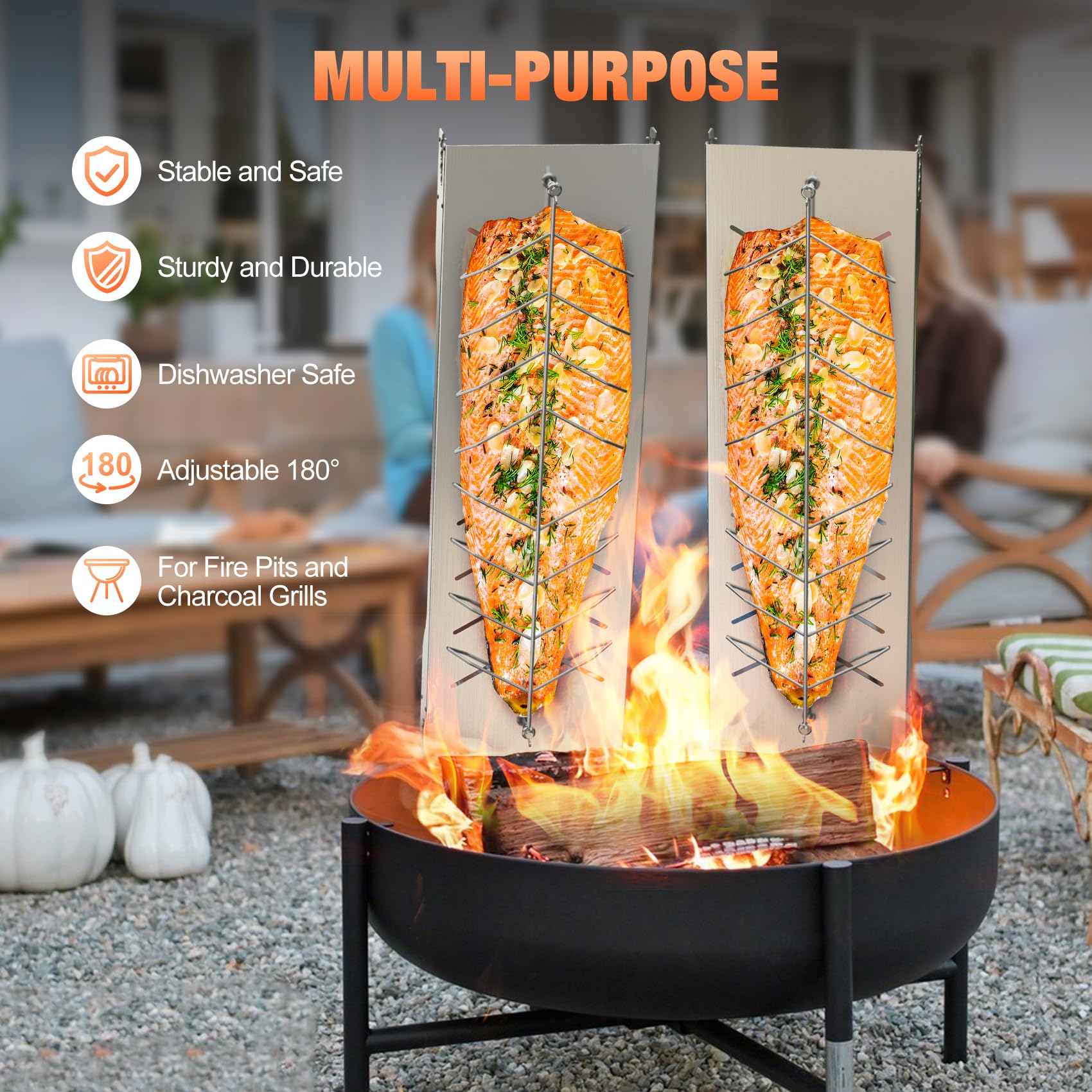 onlyfire Flammlachsbrett Edelstahl, Extra Breit 19cm Flammlachshalter, Lachsbretter zum Grillen Feuerschale und Kugelgrill, Robustes Lachsbrett, 180° Drehbar, Groß Flammlachs Halterung