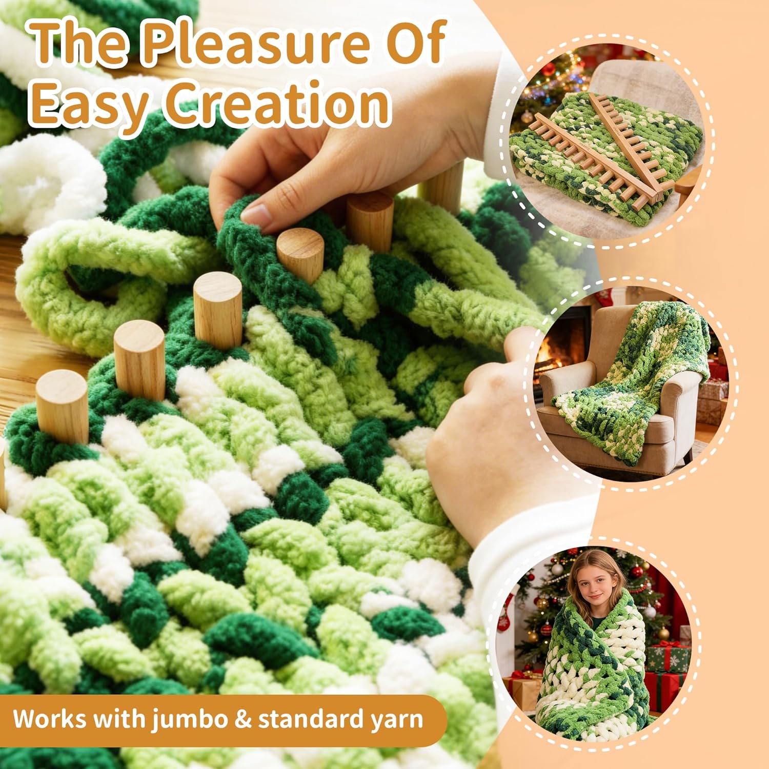 48'' Chunky Blanket Loom, Beechwood Large Knitting Frame for Thick Yarn Projects, Adjustable Foldable Portable for Teens and Adults, Perfect for DIY Home Crafting of Cozy Blankets