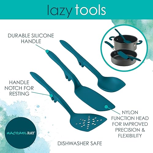 Miniatura 7 de Rachael Ray Juego de cuchara, espátulas ranuradas y sólidasutensilios de cocina, 3 piezas, color verde azulado