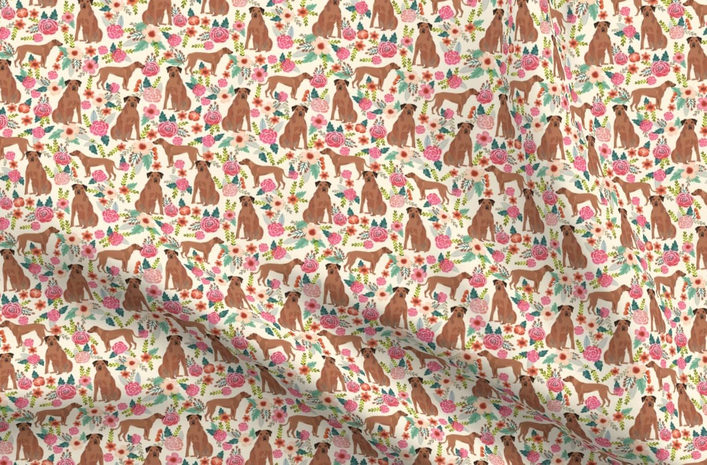 Spoonflower Fabric - Rhodesian Ridgeback Floral Dogs Breeds Beige Pet Pets Florals Portrait Printed on Organic Cotton Sateen Fabric by The Yard - Sewing Quilting Apparel Home Decor