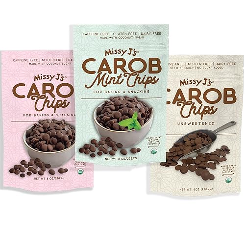 Missy J's Paquete de muestras de chips de algarroba de 3 sabores, vegano, sin gluten y cafeína, sustituto saludable para chocolate, perfecto para