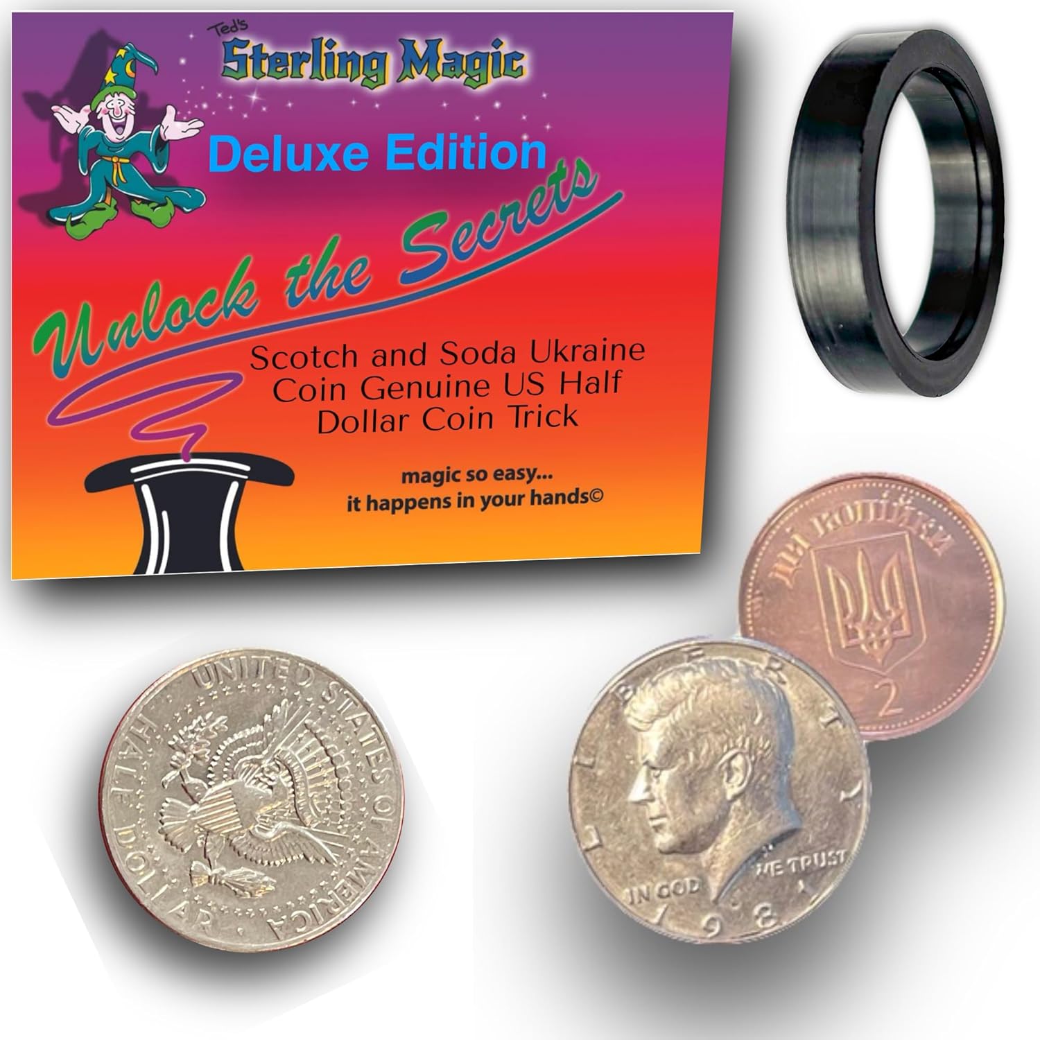 Ted's Sterling Magic Scotch and Soda Ukraine Coin Genuine US Half Dollar Coin Trick (Deluxe Edition)