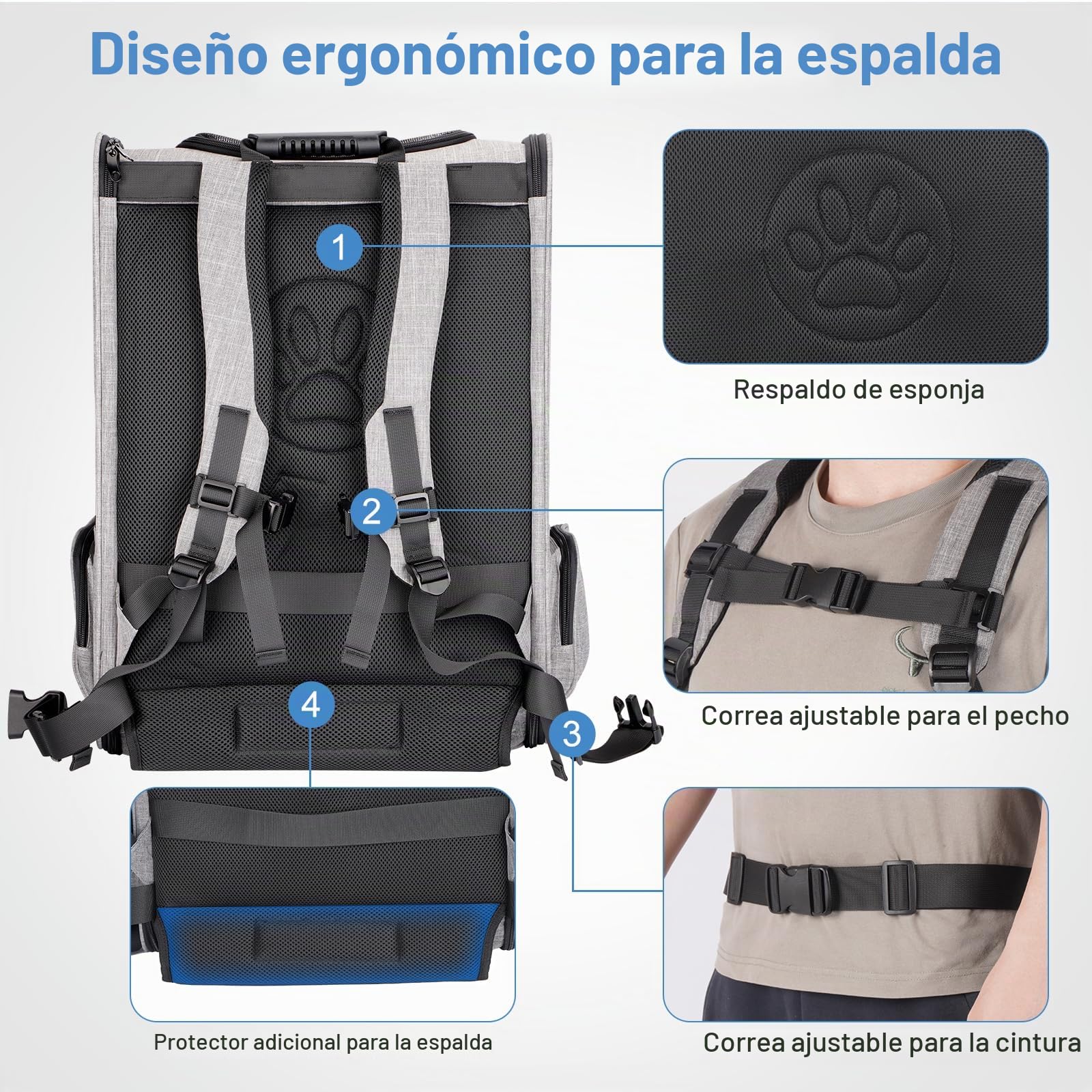 Mochila Transportín para Gatos Grandes hasta 15 kg y Perros Pequeños 12 kg, con Panel Acrílico Transparente, Malla Transpirable, Almohadilla Lumbar Acolchada y Cojín Desmontable y Lavable