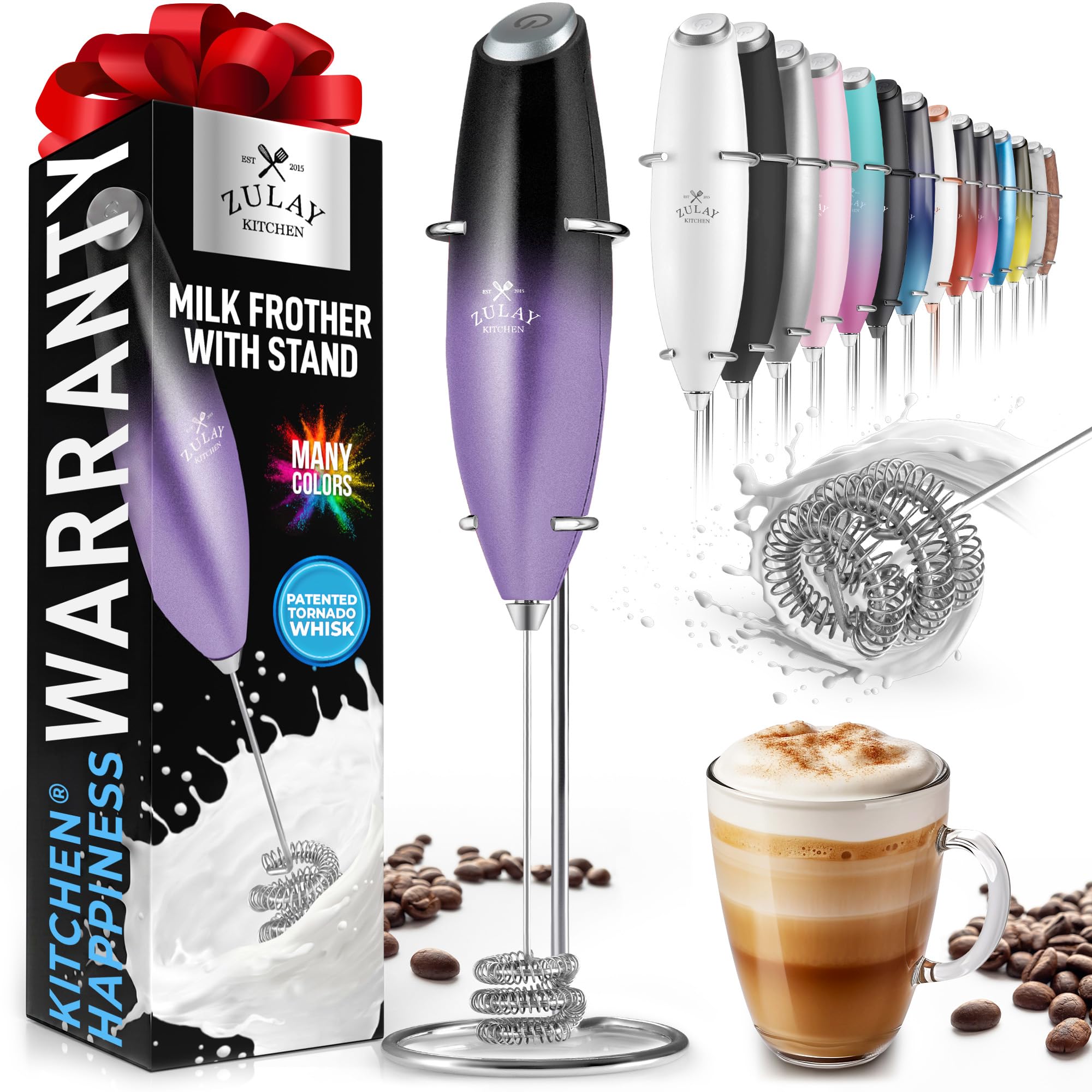 Zulay Powerful Milk Frother for Coffee with Upgraded Titanium Motor - Handheld Electric Whisk, Milk Foamer, Mini Mixer &amp; Coffee Blender for Frappe, Latte, Matcha, No Stand - Purple &amp; Black
