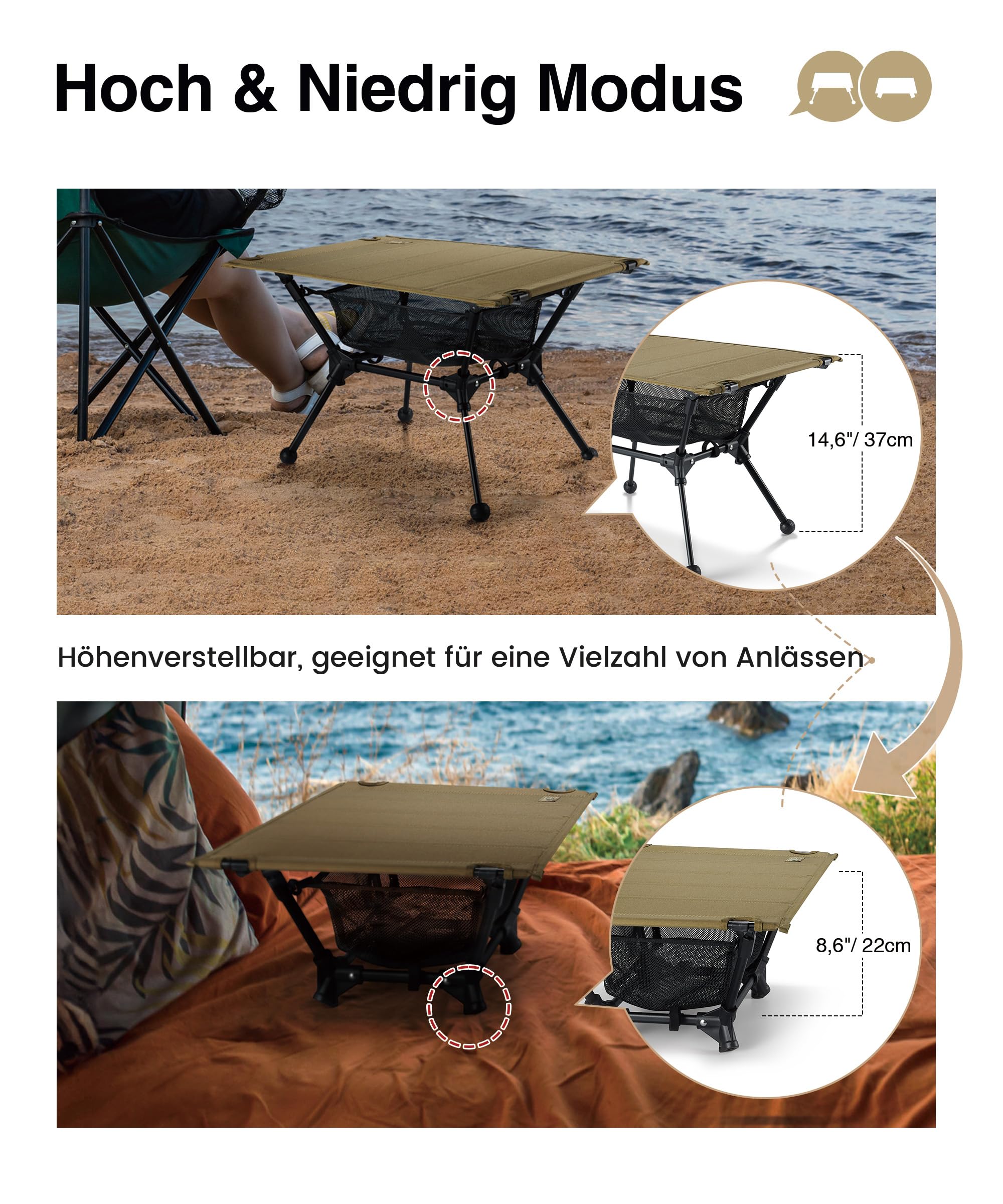 OneTigris Dipper faltbar Campingtisch klappbar, Camping Tisch Klapptisch mit Tragetasche und Netztasche, Kleiner Tisch Outdoor Ultraleicht für Angeln Wandern 60 x 40 x 37 cm