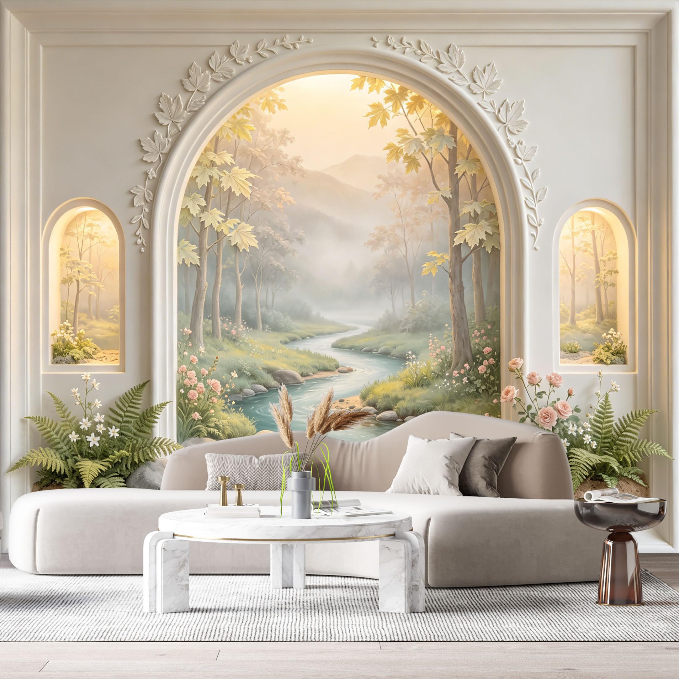 Custom Size Wall Murals Misty Forest Mountain Lake River Archway 3D Trompe L'Oeil SelfAdhesiveWall Fabric Removable Wallpaper Wall Decor for Living Room Bedroom Bathroom