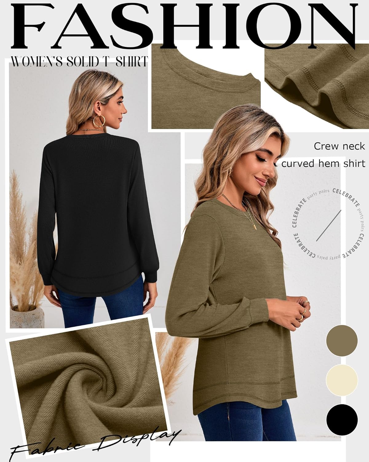 Ficerd 3 Pack Women's Long Sleeve Shirts, Cotton Crew Neck Tunic Tops Casual Loose Fit Pullover Sweatshirts Curved Hem Shirts - Image 4