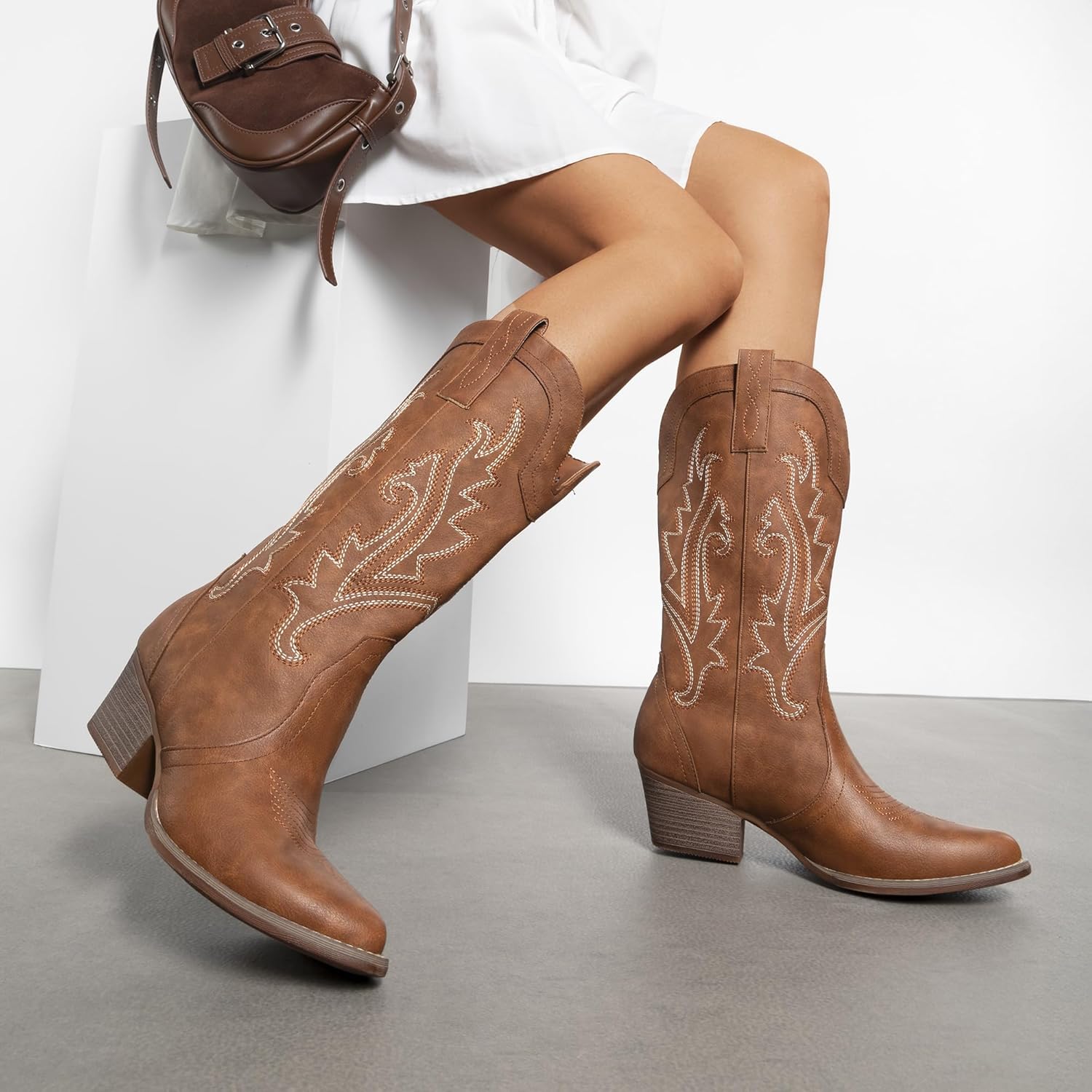 DREAM PAIRS Women's Cowboy Cowgirl Boots Embroidered Pointed Toe Low Heel Western Mid Calf Boot for Theme Party Country Concert - Image 3