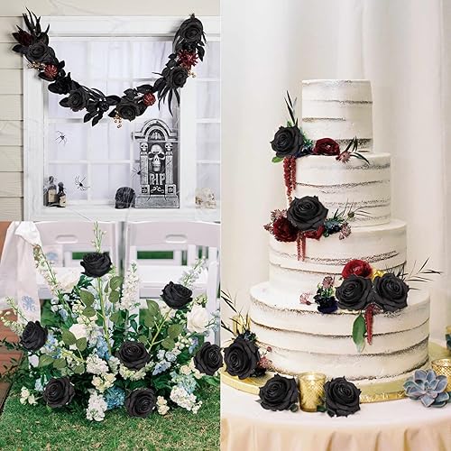 Miniatura 7 de IPOPU 12 rosas artificiales, flores para decoración de fiesta, rosas falsas, flores de seda, pétalos florales para el hogar, boda, fiesta, tienda,