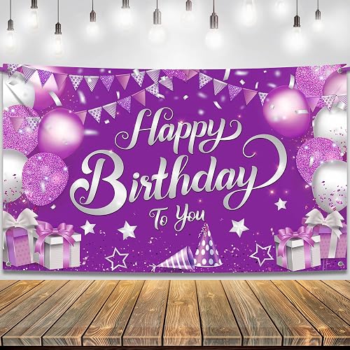 KatchOn, XtraLarge Purple Happy Birthday Banner - 72x44 Inch | Purple Happy Birthday Backdrop | Happy Birthday Backdrop Purple for Birthday Decorations for Girls | Happy Birthday Sign for Backdrop