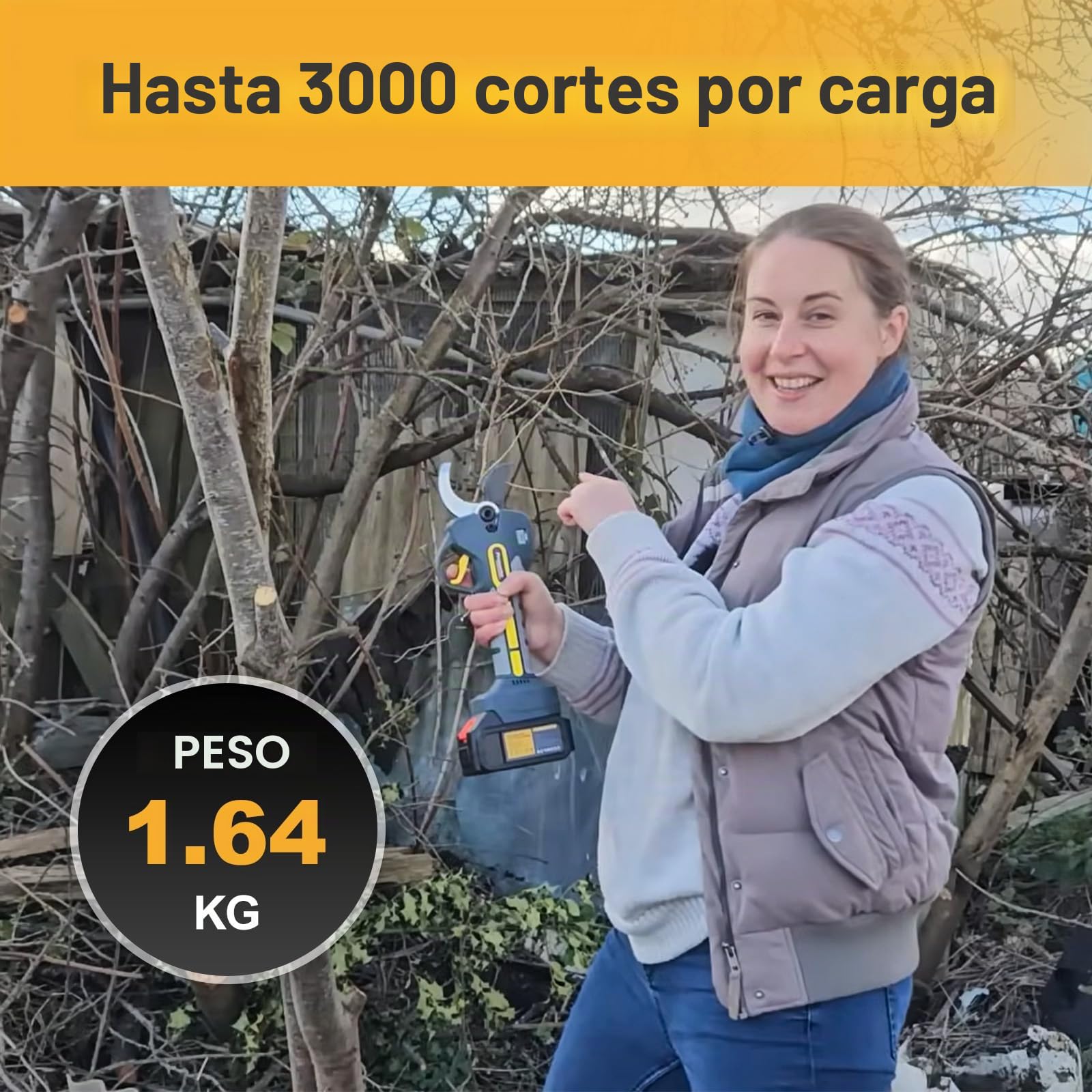 Tijera de Poda Eléctrica Profesional 50mm Sin Escobillas | Compatible con Pértiga Extensible, Batería 21V Con Dos Baterías 4,0Ah, Corte Potente Para Olivos, Viñedos Y Árboles Maduros