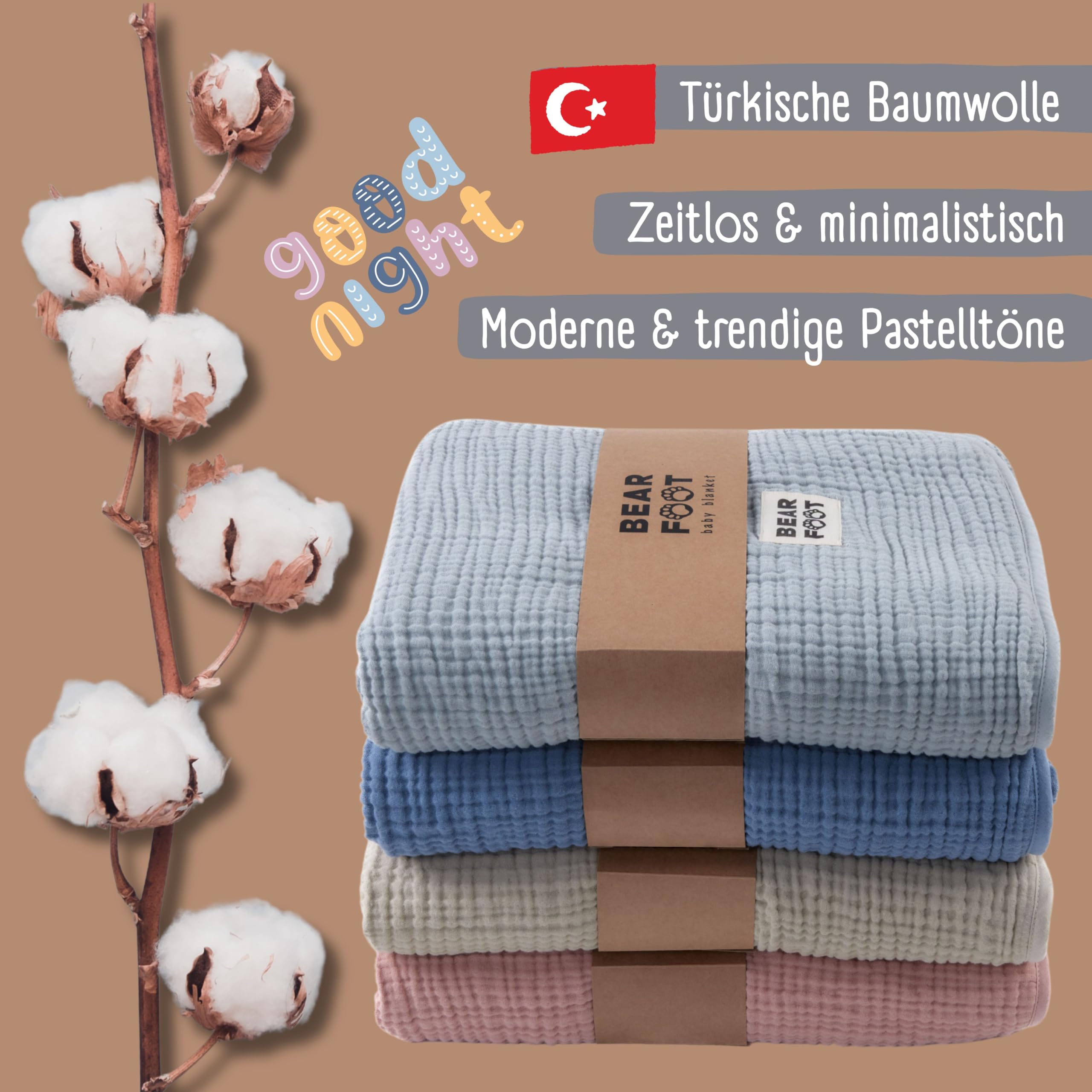 BEARFOOT Musselin Babydecke, Fleecedecke aus Baumwolle, flauschig (Summer Sand) | Flauschig weiche Kuscheldecke für Baby & Neugeborene, Geschenk für Junge & Mädchen zur Geburt