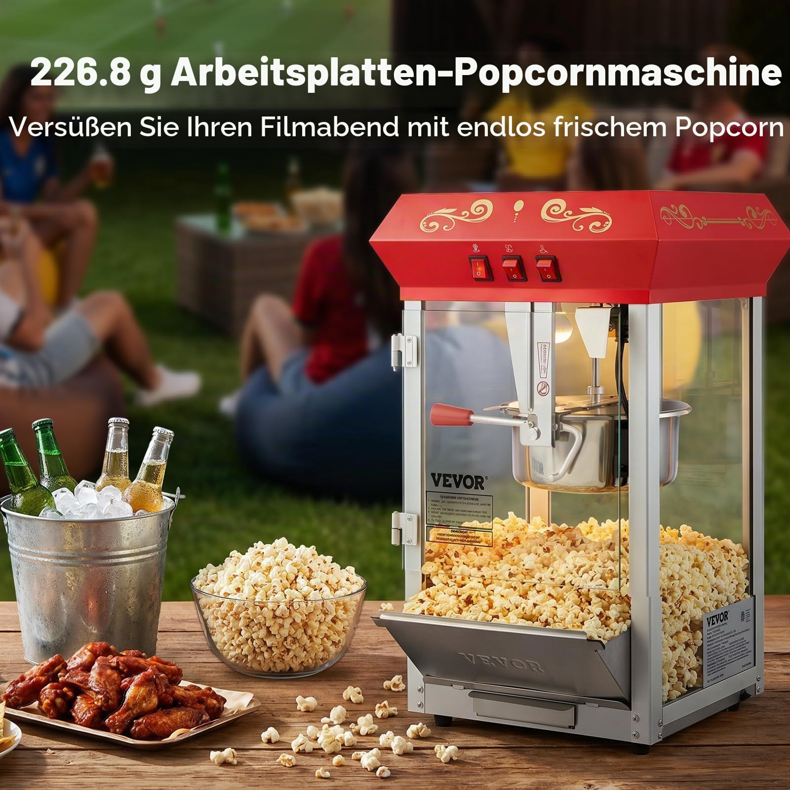 VEVOR Popcornmaschine Popcornautomat Popcorngerät 850 W, 8 oz Kessel für 48 Tassen pro Ladung, Popcornmaschine für die Arbeitsplatte mit gehärtetem Glas, inklusive 4 Schaufeln Maschine mit Kino-Stil