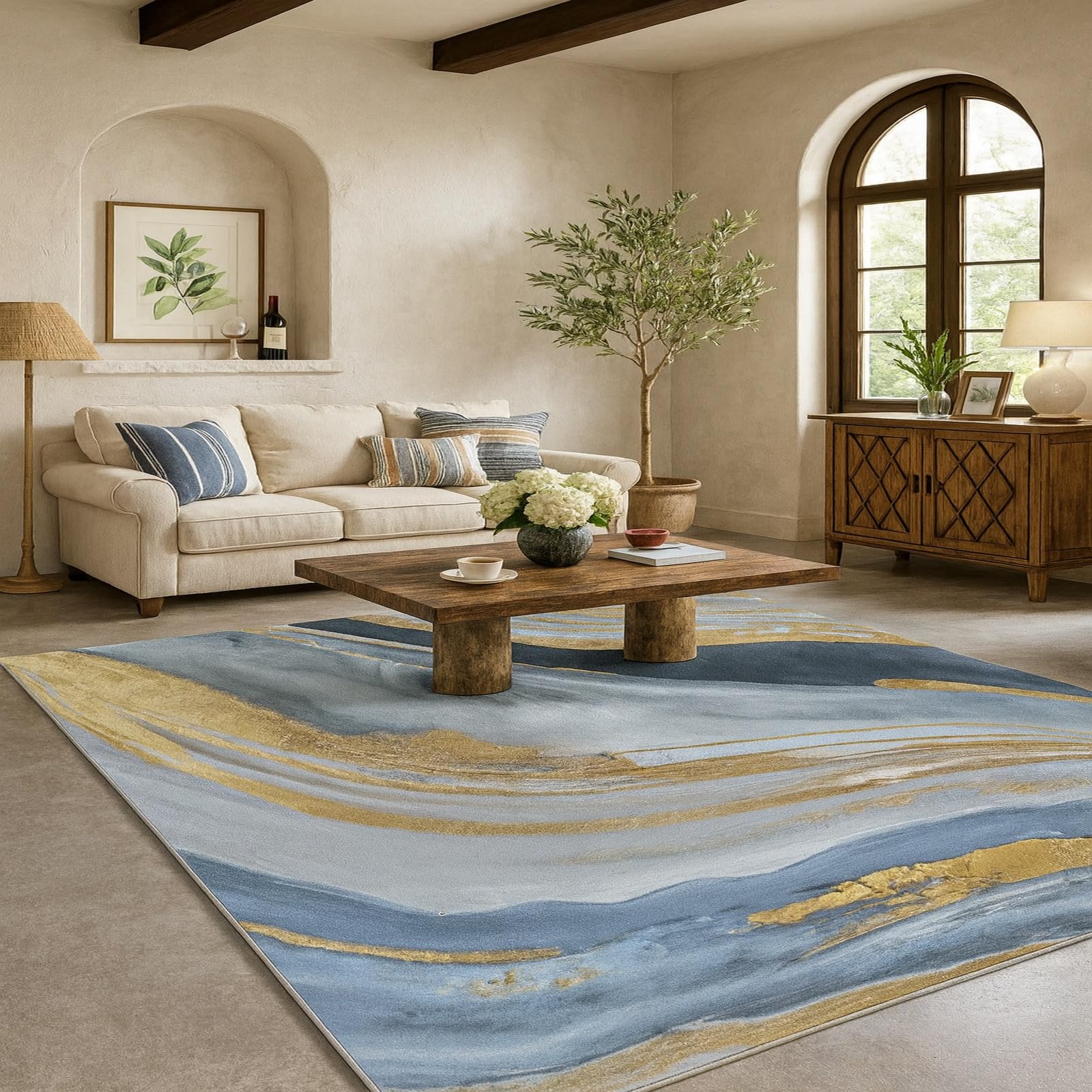 Tapis abstrait gold blue gray 150x180 cm moderne et antidérapant