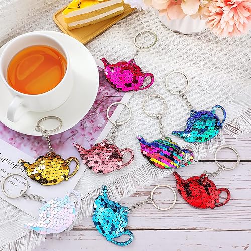 Miniatura 4 de Sureio 24 llaveros de fiesta de té para niñas, regalos de fiesta de té, tetera con lentejuelas con purpurina, llaveros reversibles para niños,