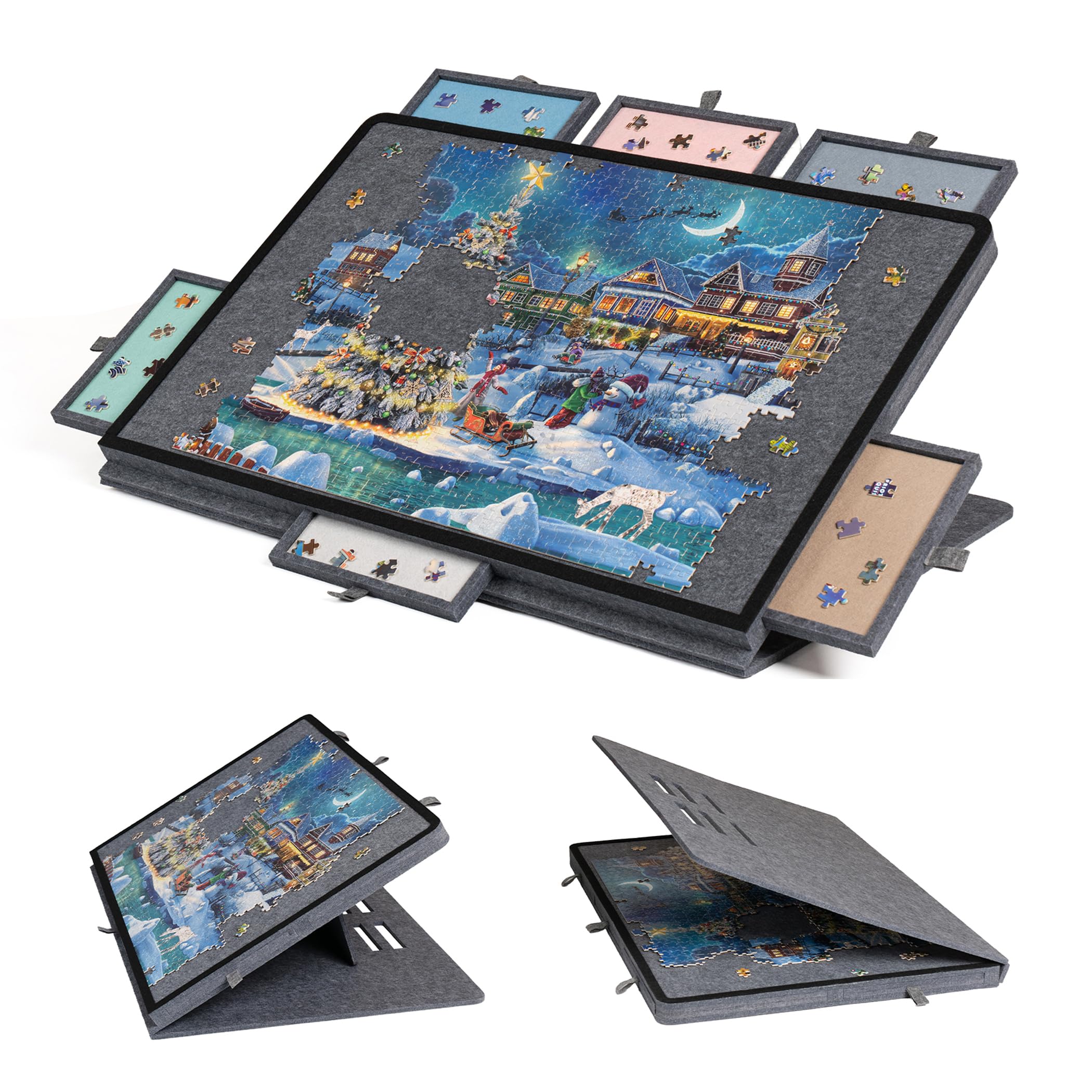 Becko US Tilting Puzzle Board with 2-in-1 Designed Stand & Cover, Lightweight Felt Storage Case with 6 Drawers for Adults, Portable Jigsaw Puzzle Table for Games Up to 1000 Pieces