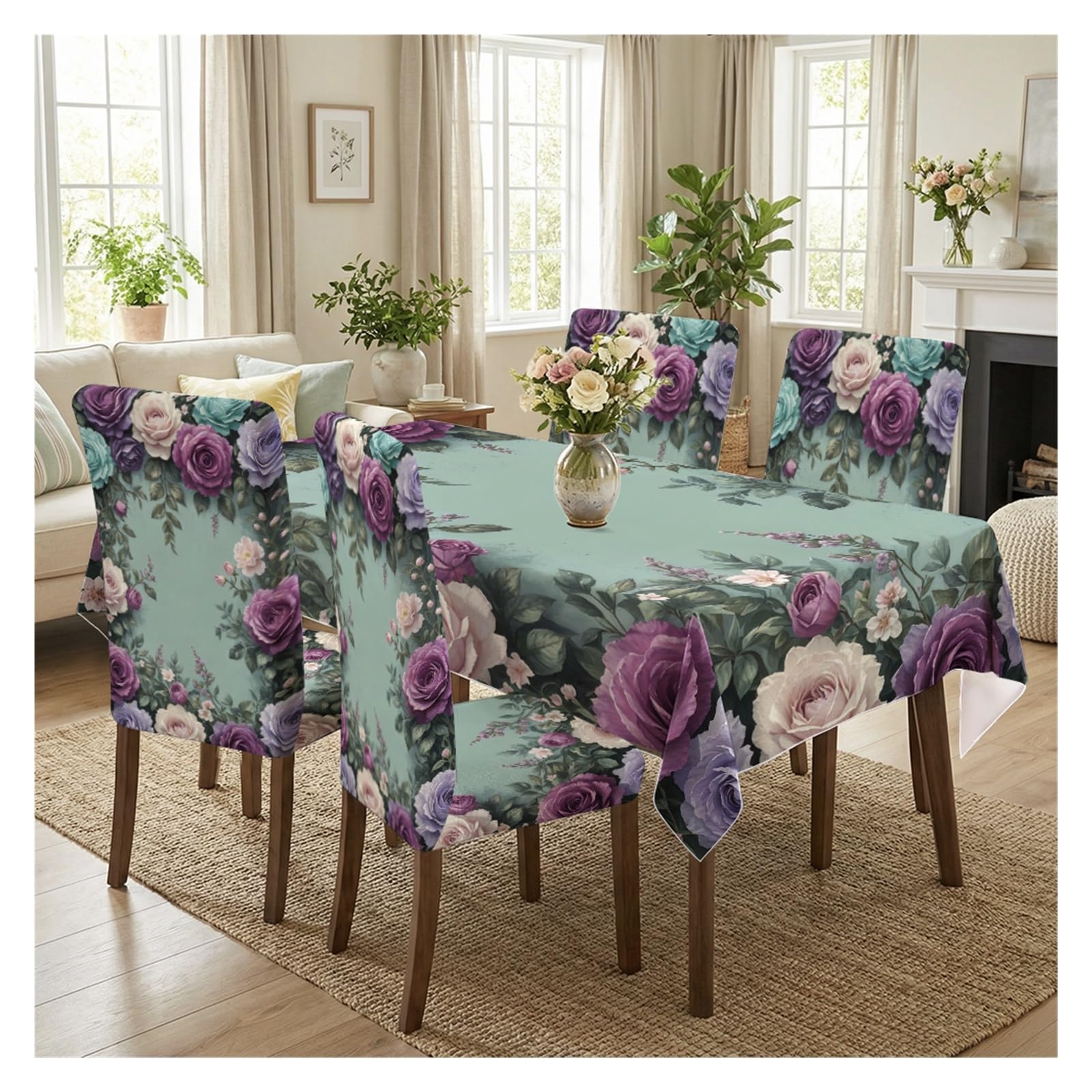 BOSUYBN Teal Base Multi-Colored Rose Floral Dining Tablecloth & Chair Covers Set, 5/7 Piece Romantic Moody Boho Cottage Dining Decor Table Setting(5pcs Set: Tablecloth+Chair Covers)