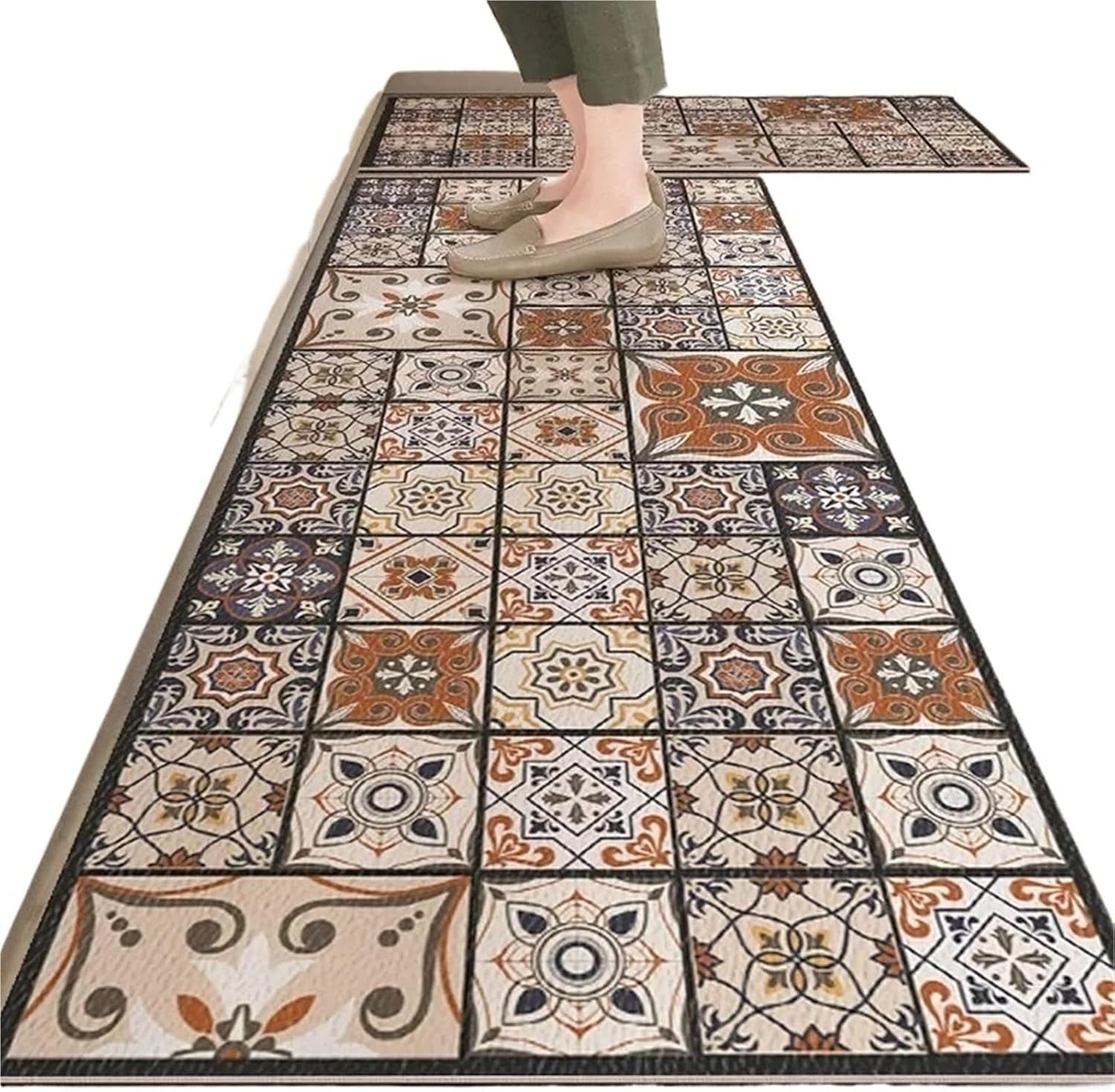 Kitchen Carpet Non-Slip Floor Mat PU Leather Waterproof Foot Mats Oil-Proof Long Rug Retro Style Home Decoration Rugs for Kitchen, Floor, Office(Color 2,1pc-140x200cm)