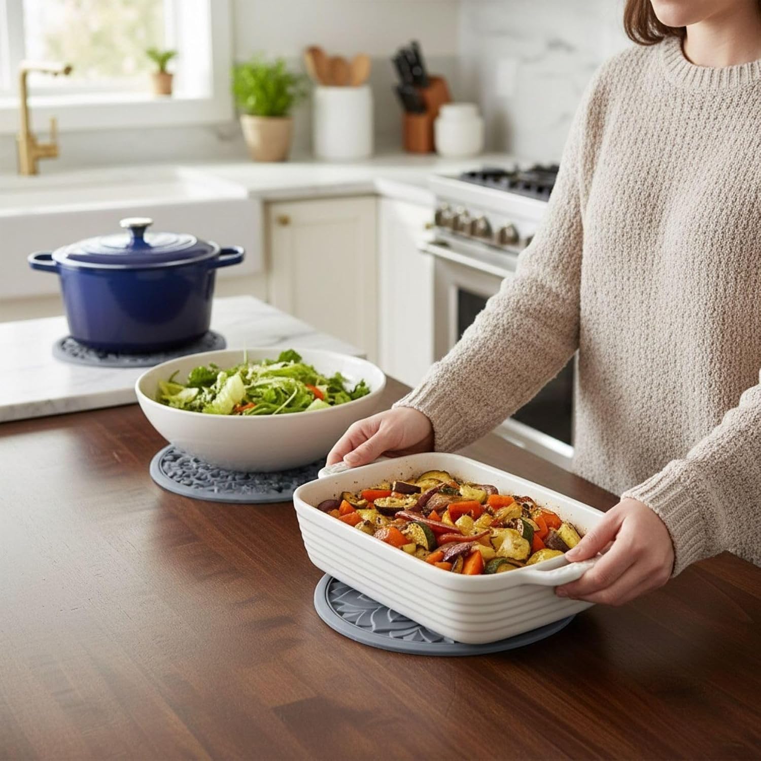 NAZANIN 8-Inch Silicone Trivet Set of 3 – Trivets with Unique Geometric Patterns – Non-Slip Flexible Countertop Protectors – Durable Kitchen Mats for Pots, Pans, and Dishes