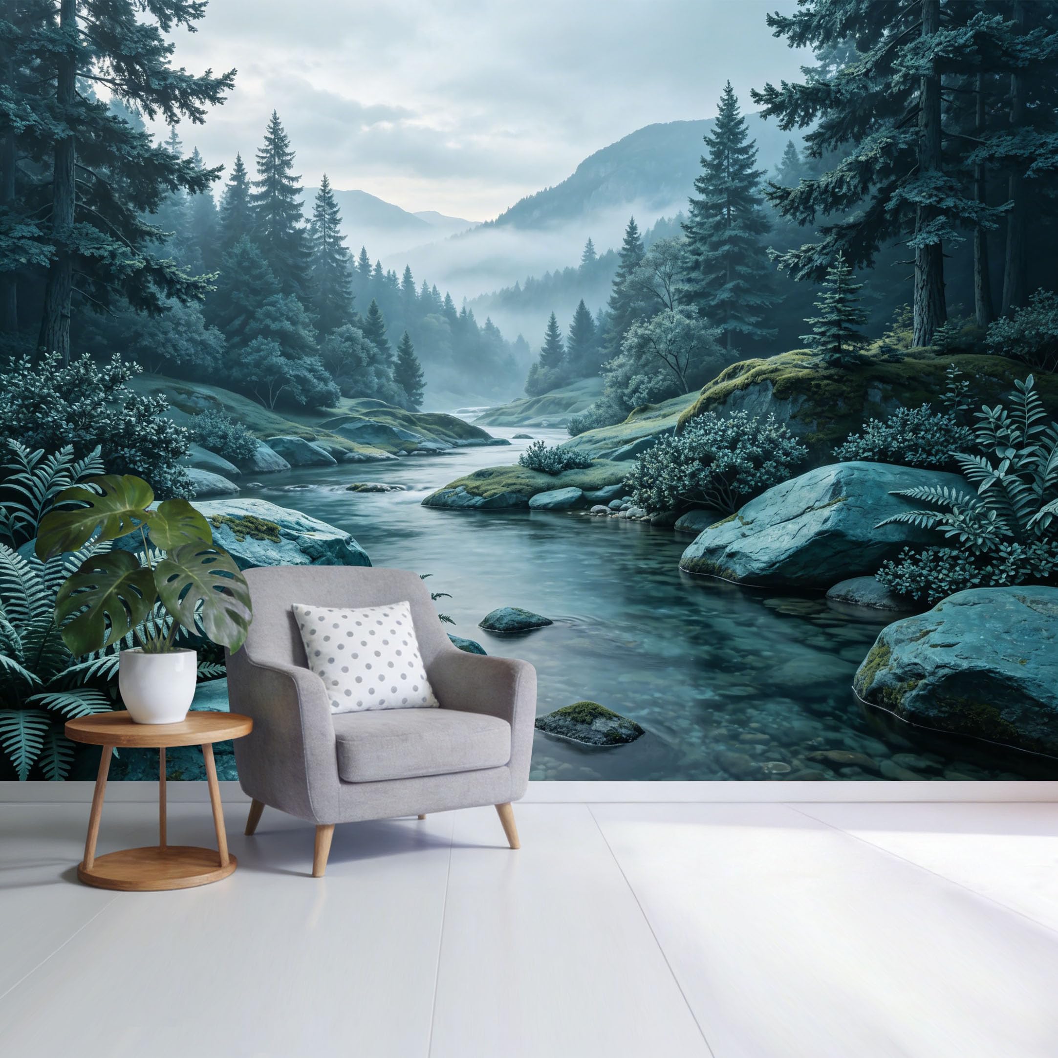 Custom Size Wall Mural Misty Mountain River Forest Landscape Nature Scenery Watercolor Style SelfAdhesive Wall Fabric Removable Wallpaper for Home Office Decor