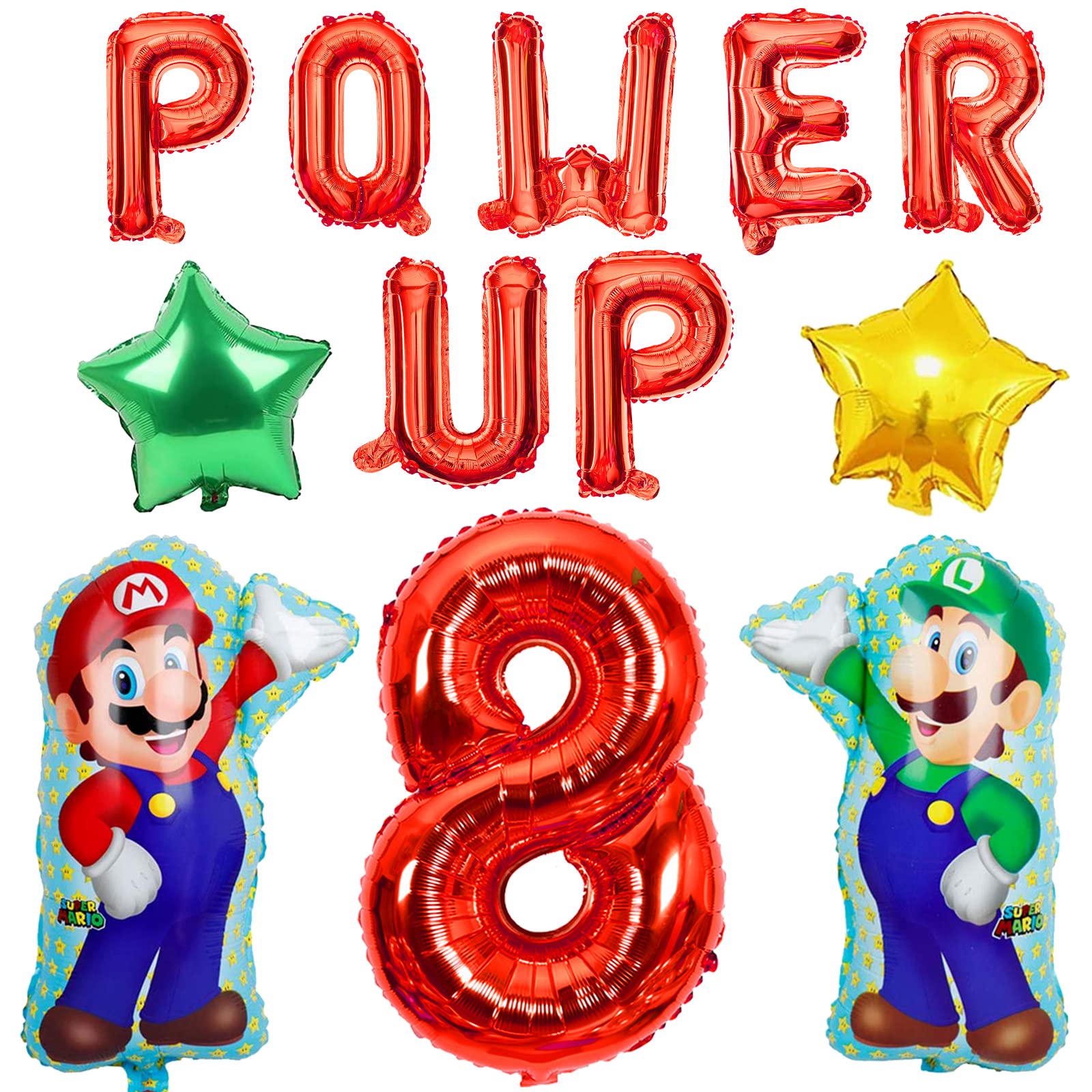12 PCS Super Birthday Balloons Brothers theme Birthday Decoration with POWER UP Letter Balloons For Birthday Party (RED-08)