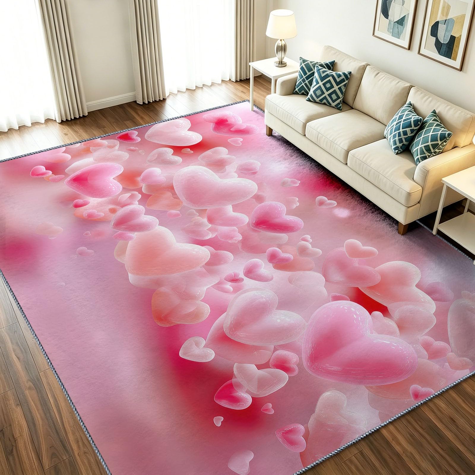 Générique Dywan 140 x 200 cm do wnętrz antypoślizgowy chłonny, łatwy do czyszczenia - dywan z sercem 3D, romantyczna, walentynkowa, miękka mata podłogowa do sypialni, salonu, przedpokoju różowy