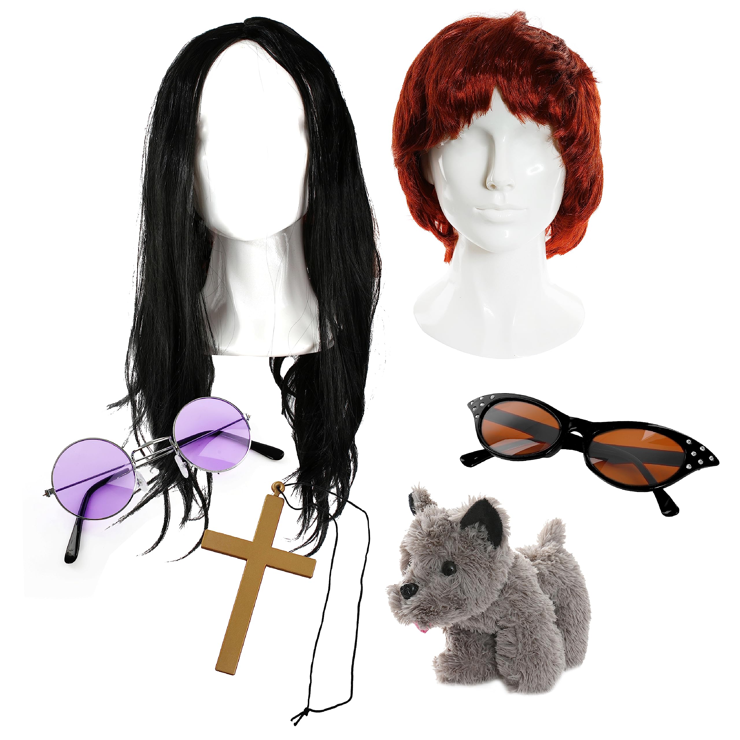Adults Osbourne Couple Accessory Set - Long Black Wig, Purple Glasses, Gold Cross, Red Wig, Cat Eye Glasses, Toy Dog - Adults Music TV/Film Celebrity Fancy Dress Costume Accessory Set
