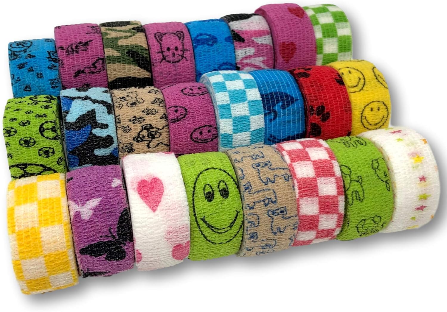 LisaCare Vendaje de fijación 2,5cm x 4,5m | juego de 24 con motivos | vendaje cohesivo | vendaje para heridas | vendaje de yeso | elástico, estirable, autoadhesivo, sin adhesivo