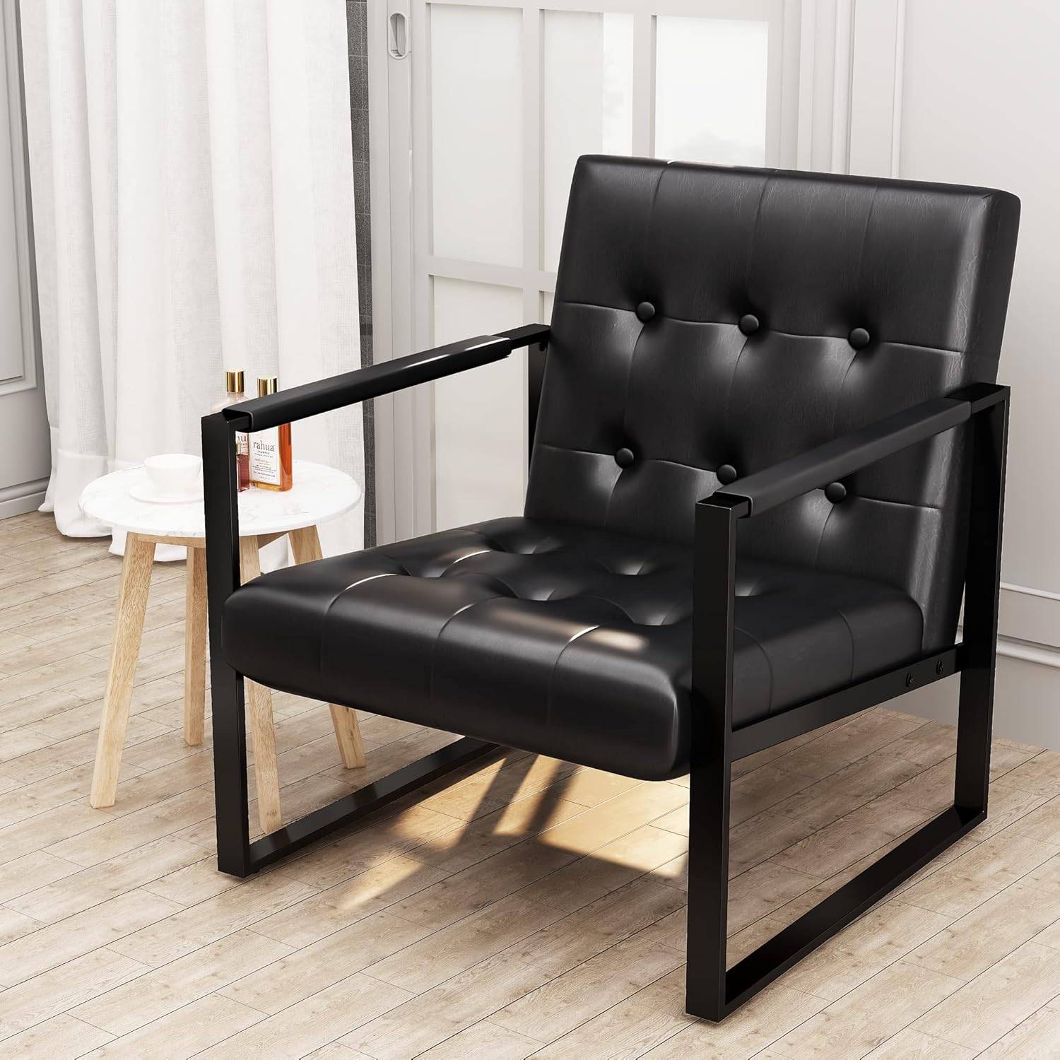 AWQM Mid-Century Accent Chair, Modern Faux Leather Accent Chairs with Extra-Thick Padded Seat and Backrest, Metal Frame, 105° Ergonomics Design, Single Sofa Chair for Living Room, Bedroom (Black)