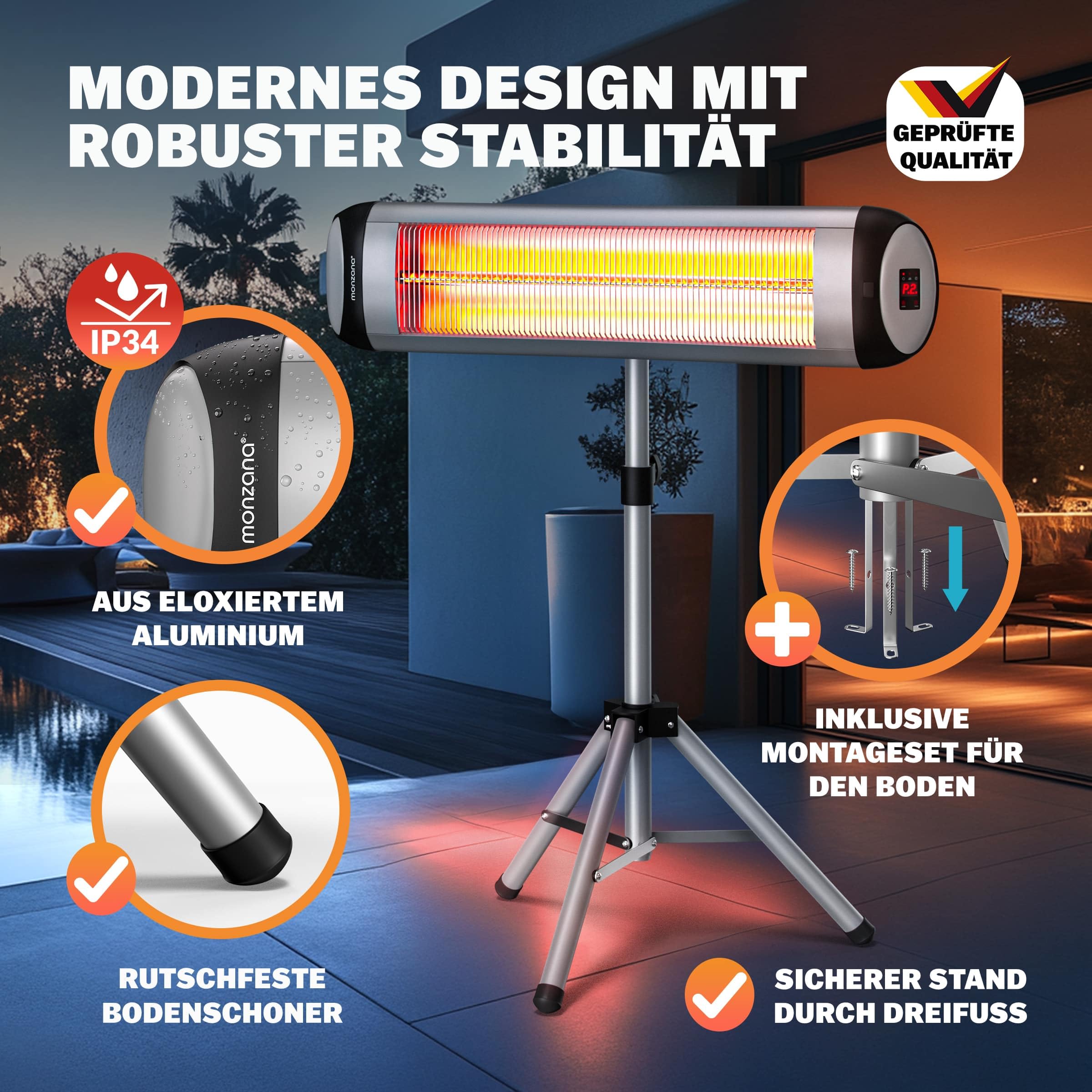 MONZANA® Infrarot Heizstrahler MZH2500 Stativ 110-175cm 2500W 3 Stufen 24h Timer Fernbedienung Wärmestrahler Standheizer Teleskopständer Silber