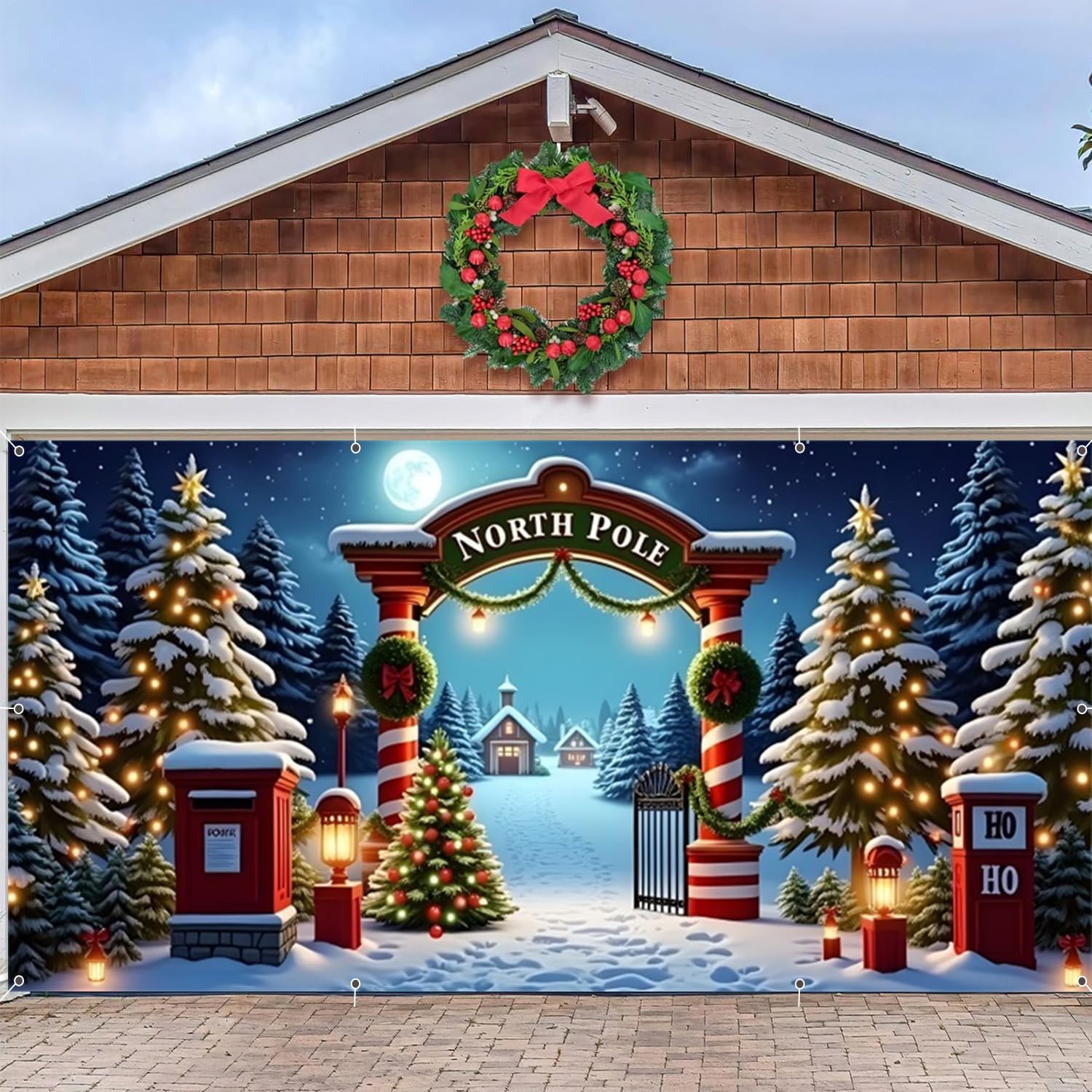 Christmas Garage Door Cover Decorations Banner Backdrop,Large Hanging Winter Xmas 2 Car Garage Door Cover,North Pole Night Snowy Tree Starry Sky Christmas Backdrop,Outdoor Holiday Decorations 7x16ft