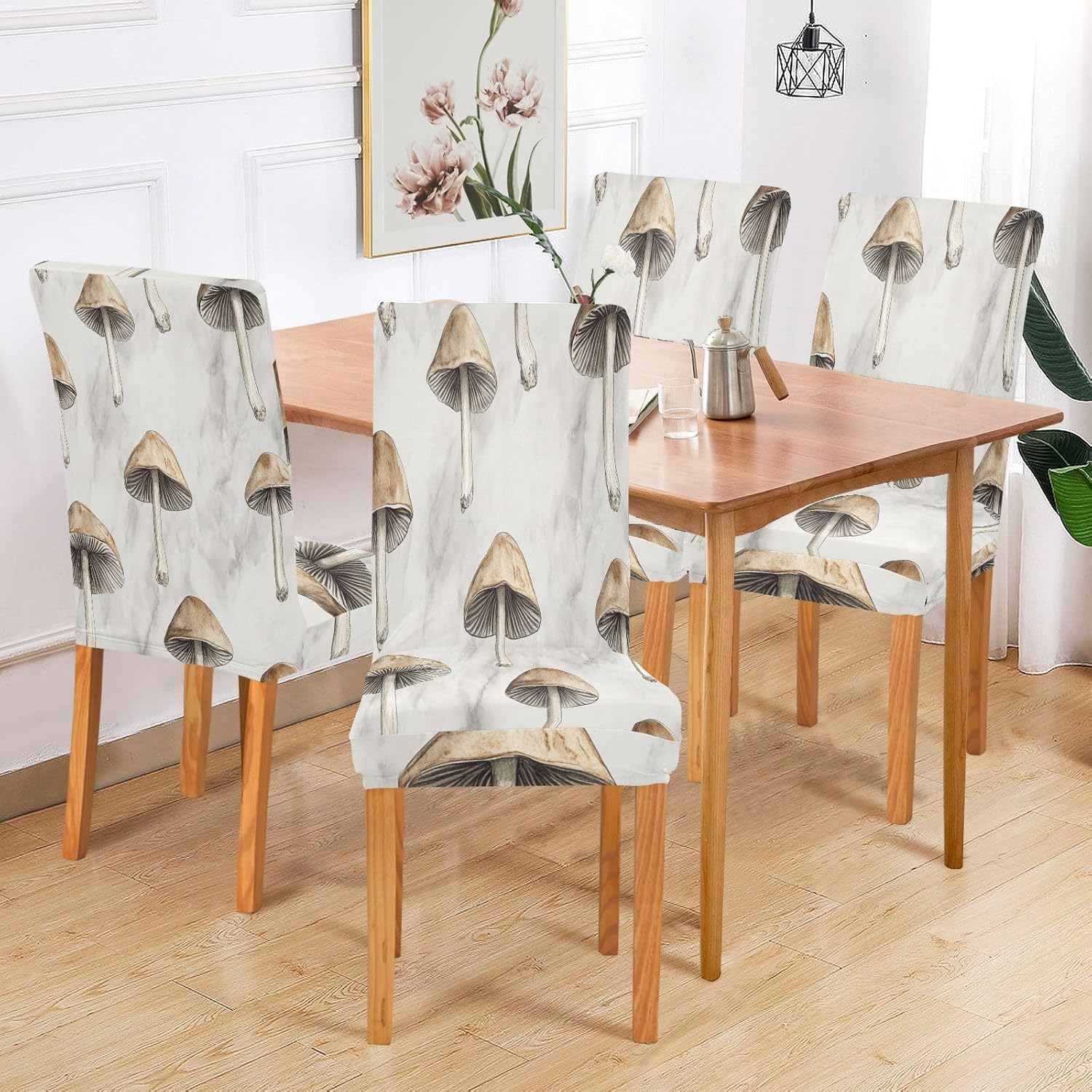 ALAZA Chair Covers for Dining Room, Mushroom on Marble Stretch Chair Cover Sets Chair Protector Removable Washable for Ktichen Restaurant Hotel