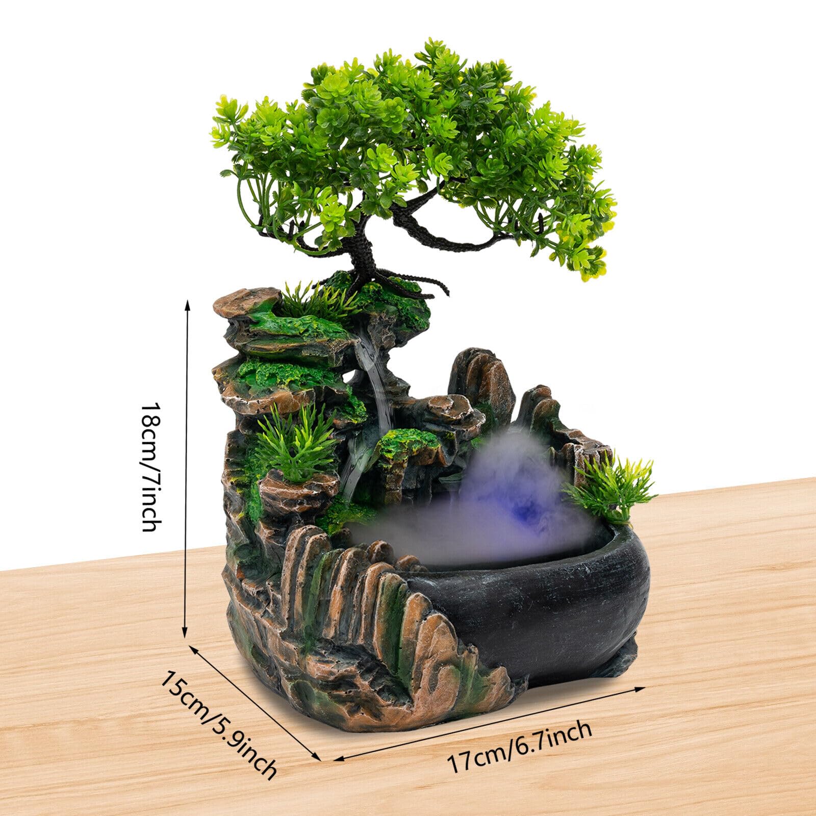 Tabletop Fountain Atomizing Desktop Humidifier, Led Atomizing Humidifier Fountain Decor with Rockery and Bonsai,Desktop Fountain Waterfall Desk Decoration for Living Room, Bedroom, Study, Office