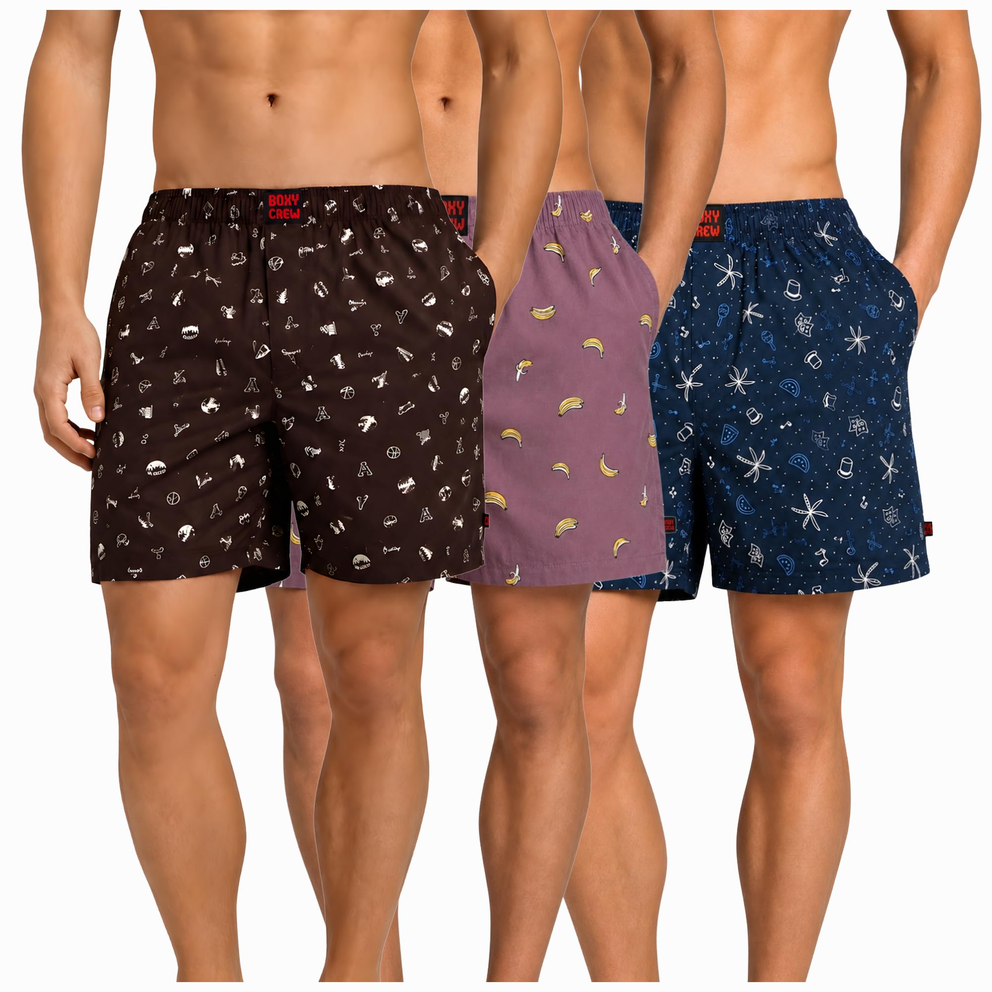 Men's 100% Cotton Boxer Shorts Pack of 3, Brown, Rose Pink & Navy Blue | Woven Boxers with Side Pockets, No-Marks Elastic Waistband, Breathable Relaxed Fit | Style 005-006-007-image-26