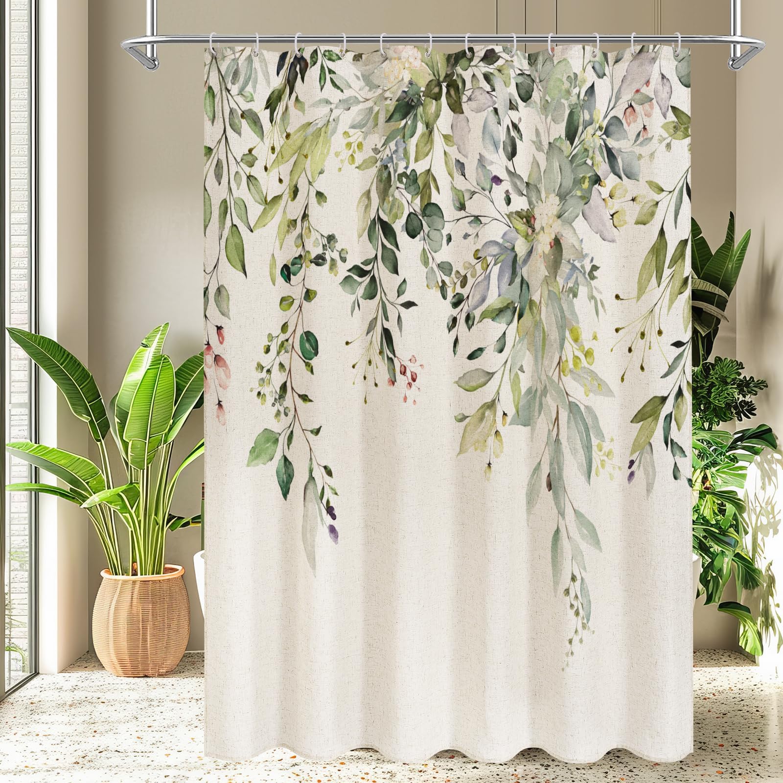 Nulpen Olivegreen Linen Eucalyptus Shower Curtains, Watercolor Plant Leaves With Floral Bathroom Curtain Bathtub Decor Bath Screen(95X180cm/Wxh/Olivegreen Linen)