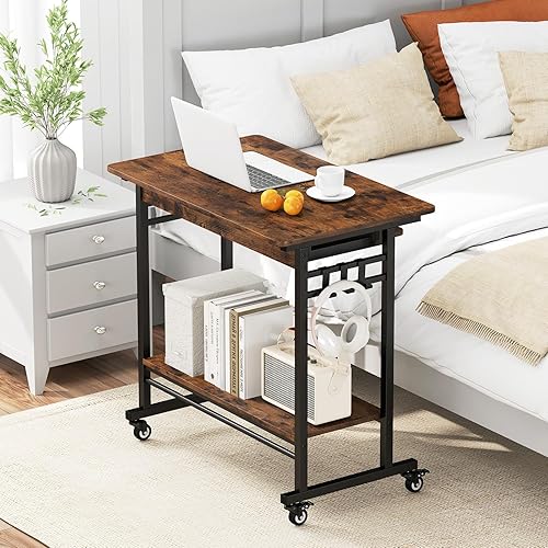 Miniatura 5 de Tangkula carro de escritorio de computadora con bandeja para teclado, escritorio portátil para laptop con soporte para CPU y 3 ganchos para sofá y