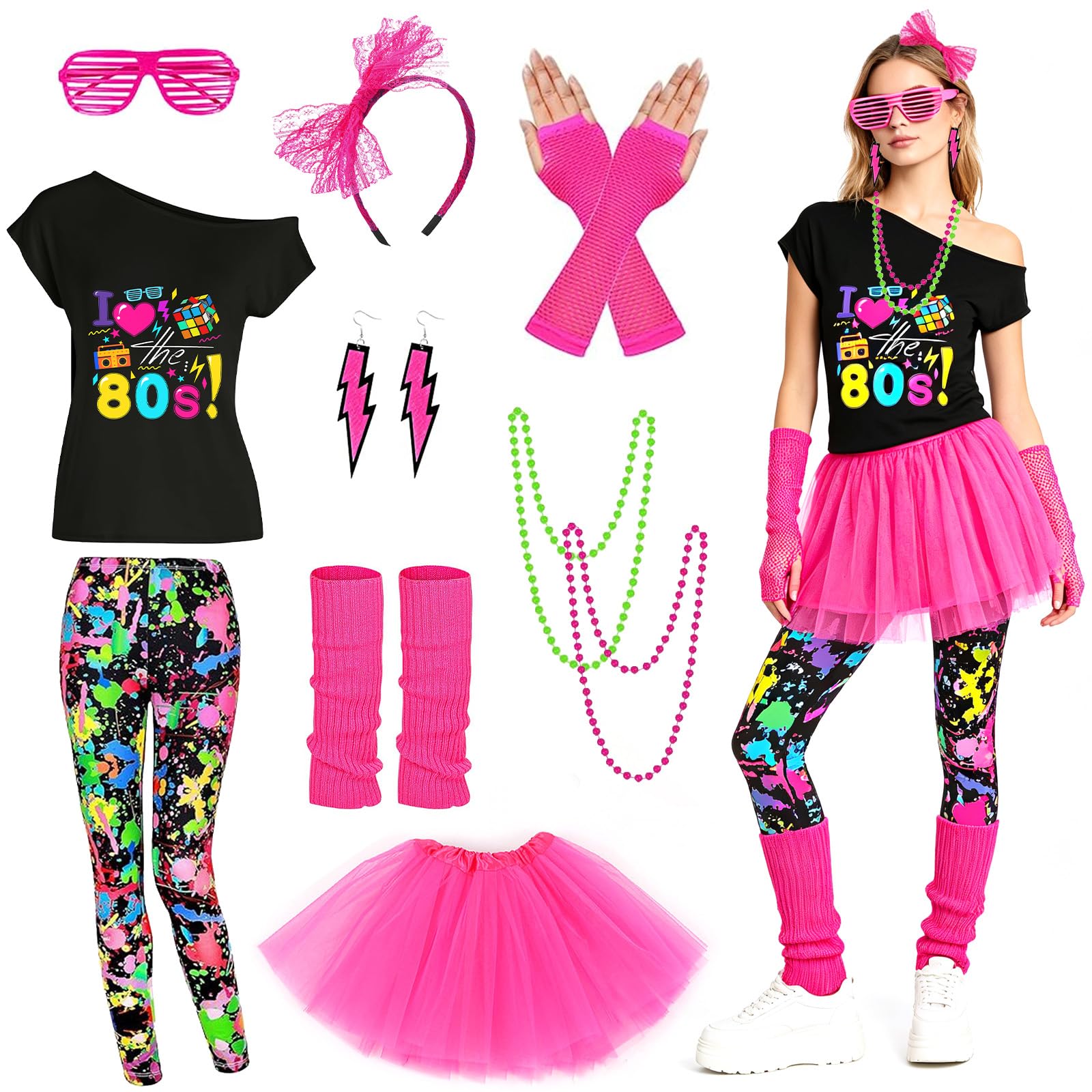 DAZZTIME Disfraz Años 80 Mujer,Accesorios de Disfraz de Los Años 80,Juego de Disfraces de los Años 80,con Diadema,venda…