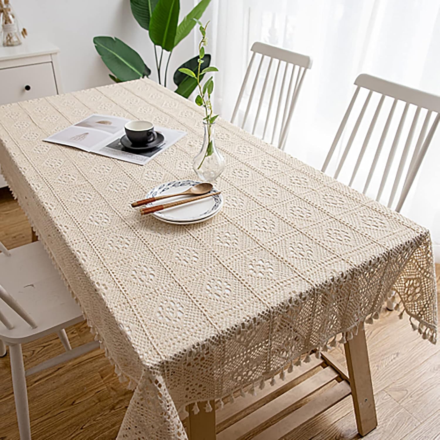 Hsvanyr 71 Inch by 71 inch Square Cotton Handmade Crochet Lace Table Cloth Doilies Centerpieces for Dresser Scarf Slipcover Décor with Tassel