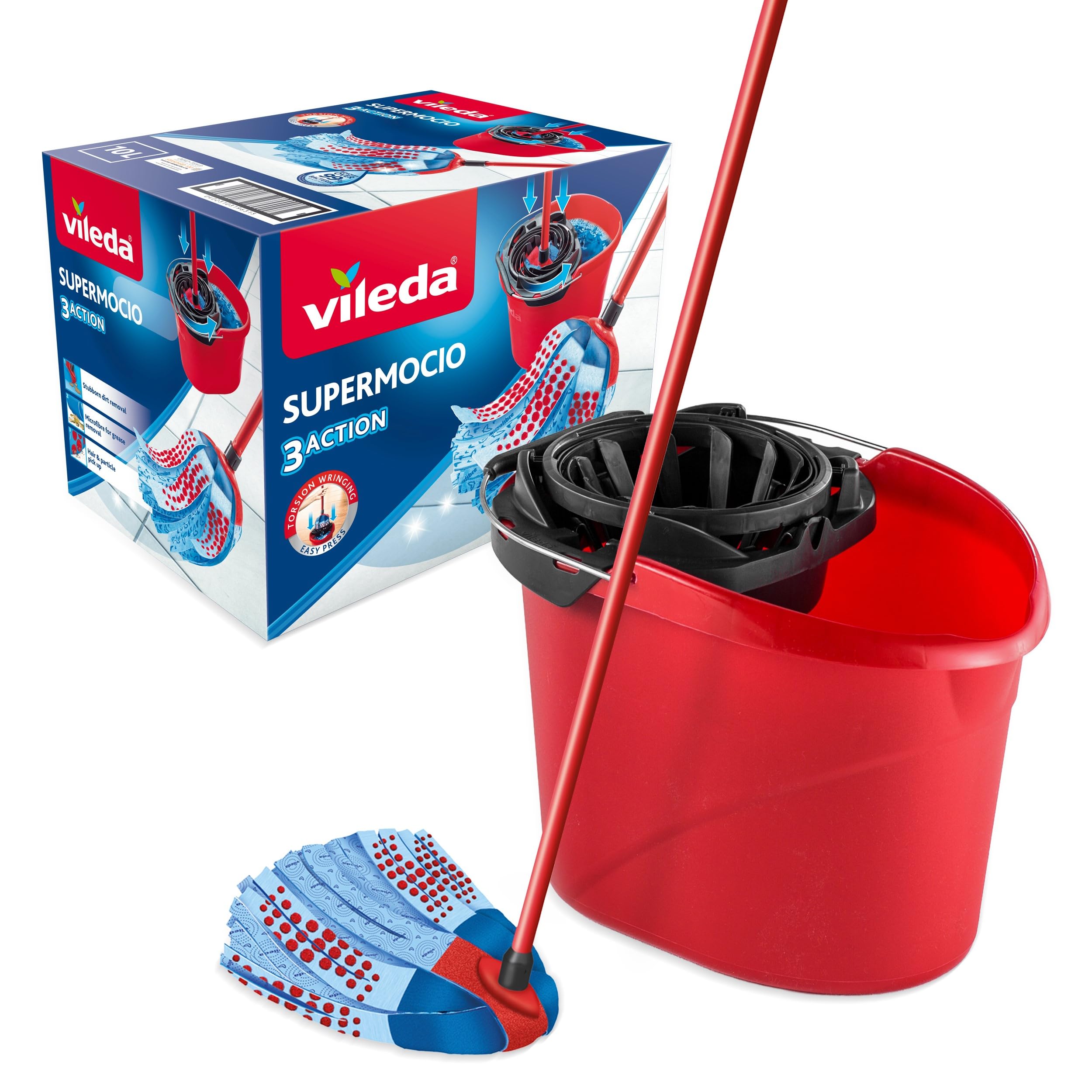 Vileda - SuperMocio Set Complet Seau essoreur + Balai à franges avec tête 3D Super mocio 3Action