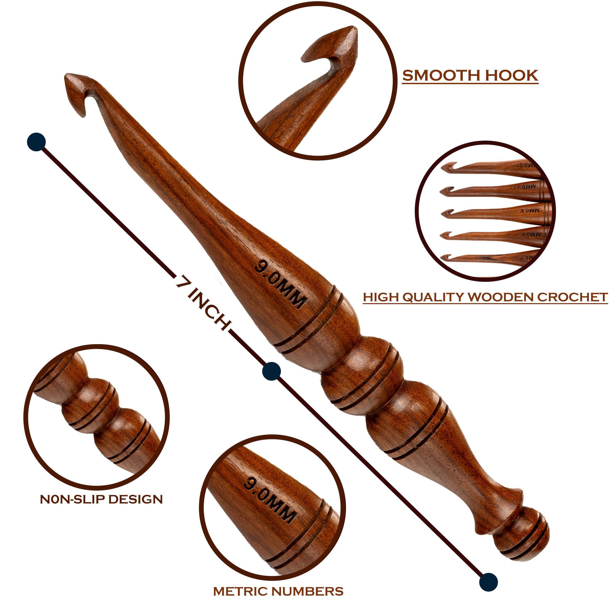 Bhartiya Handicrafts Wooden Crochet Hooks Set of 12 - Ergonomic Rosewood Knitting Needles with Engraved Design, Various Sizes (3.5mm to 12mm)
